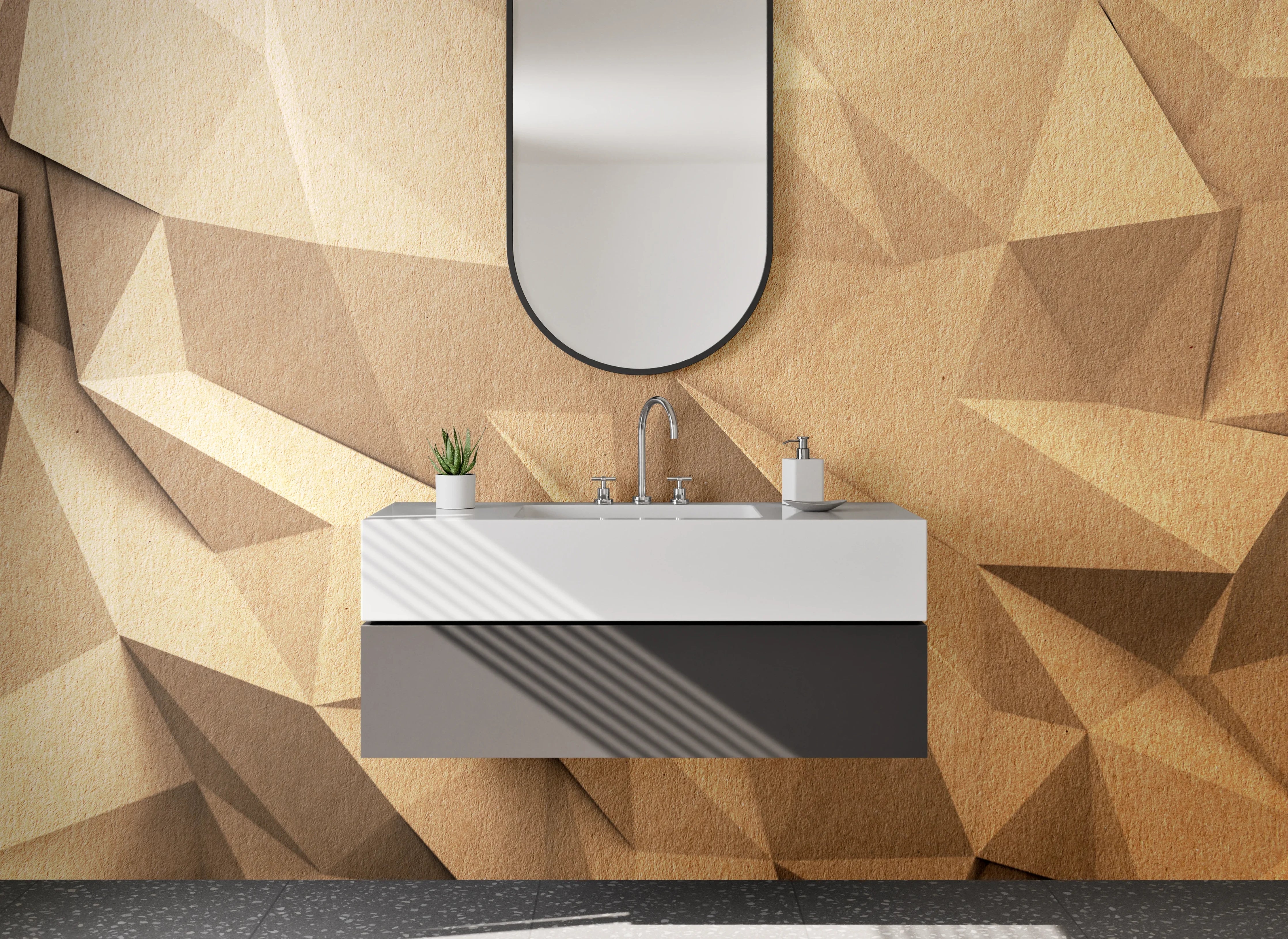 Waschbecken-Rückwand - Geometrische Holzstruktur 3D Effekt