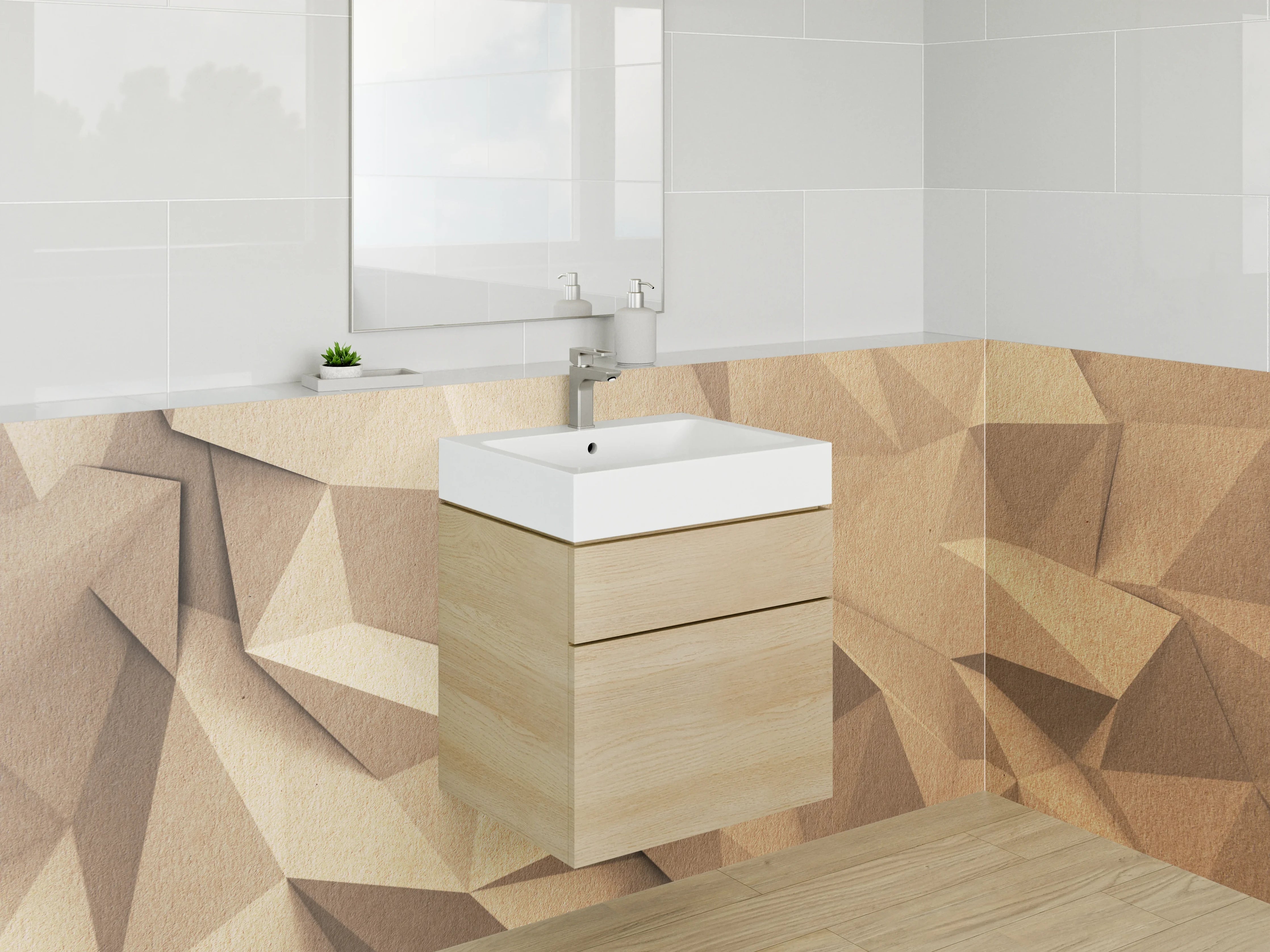 Waschbecken-Rückwand - Geometrische Holzstruktur 3D Effekt
