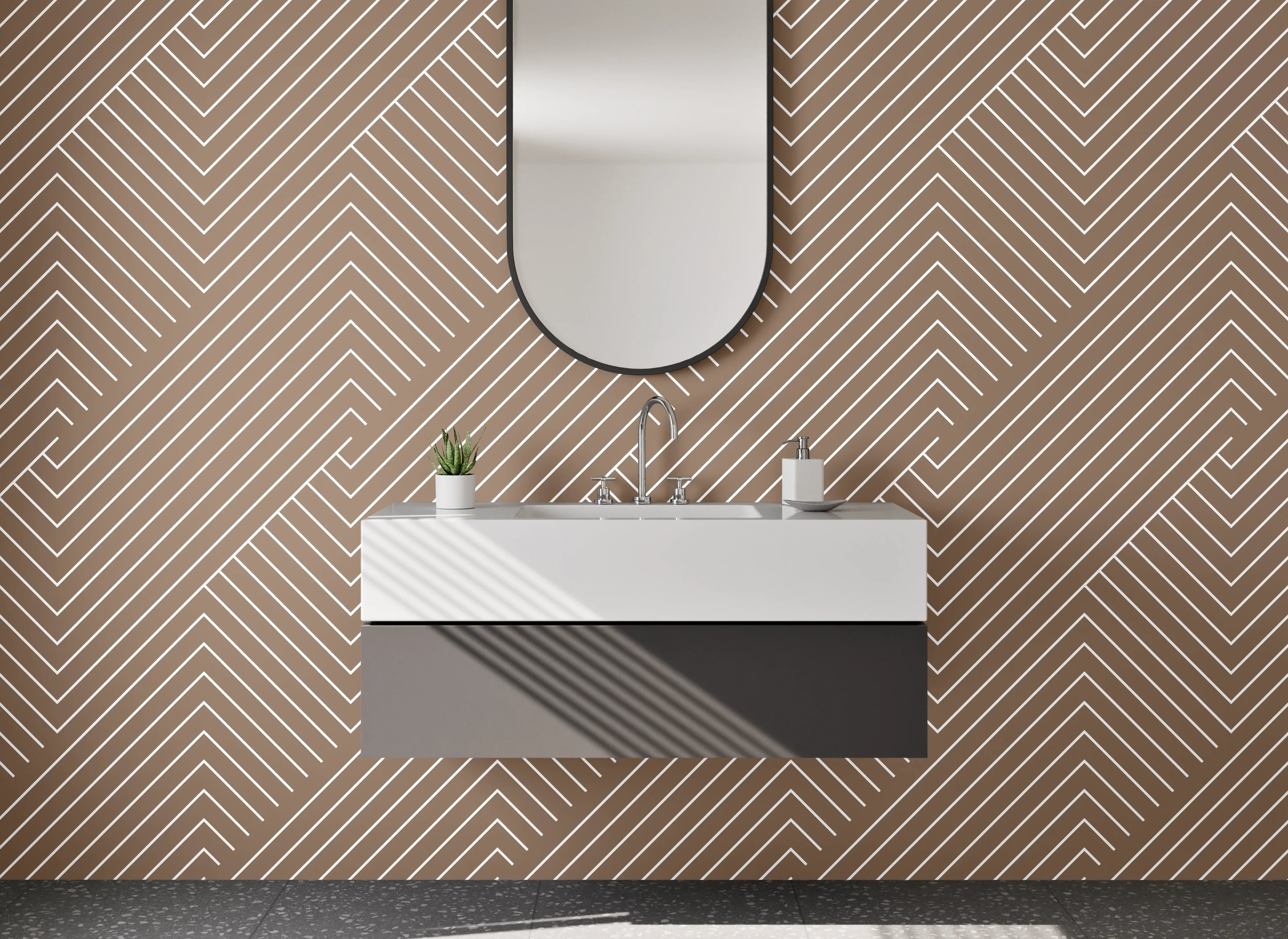 Waschbecken-Rückwand - Geometrische Linien in Braun und Grau