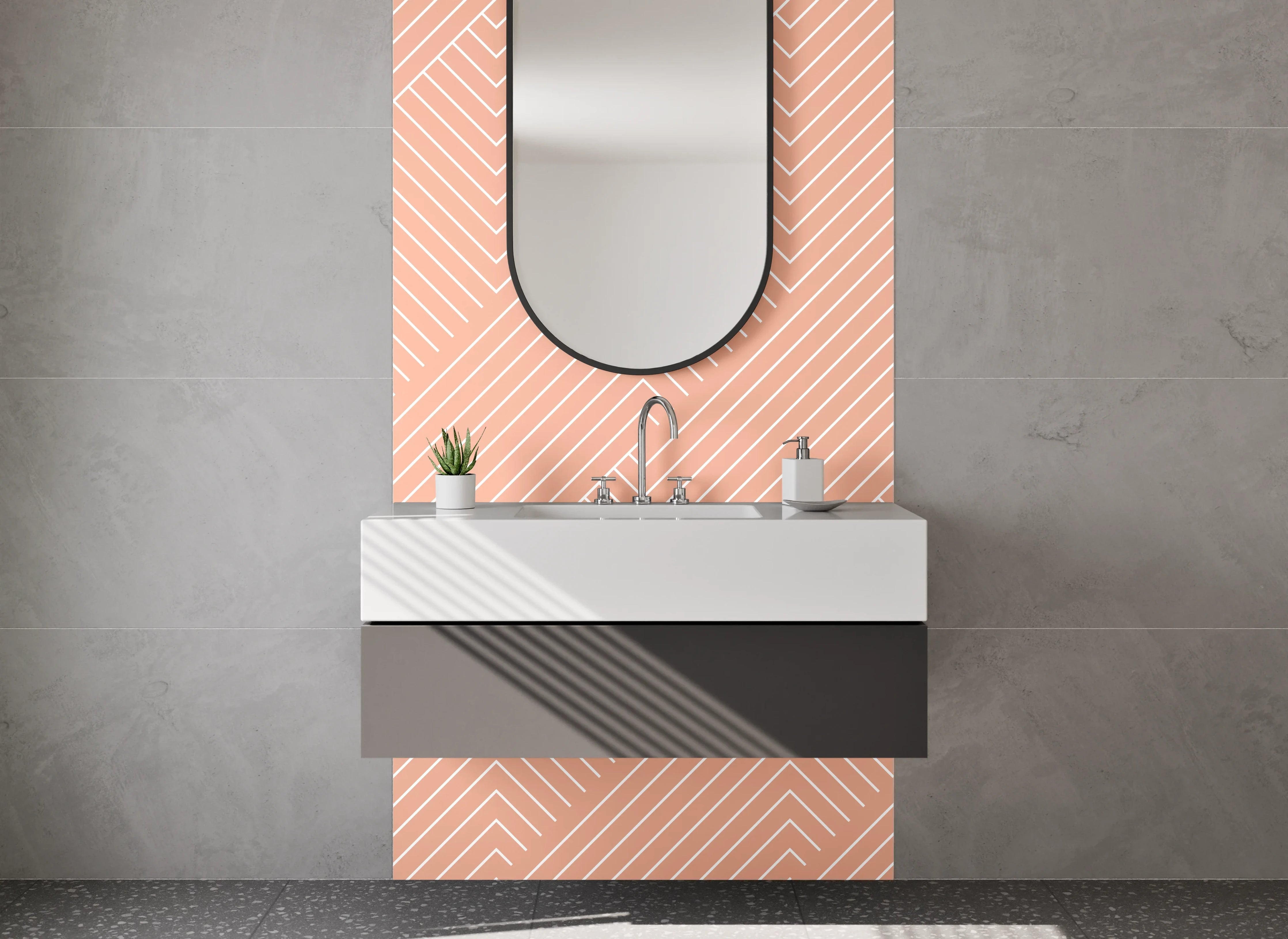 Waschbecken-Rückwand - Geometrische Linien in Grau und Weiß