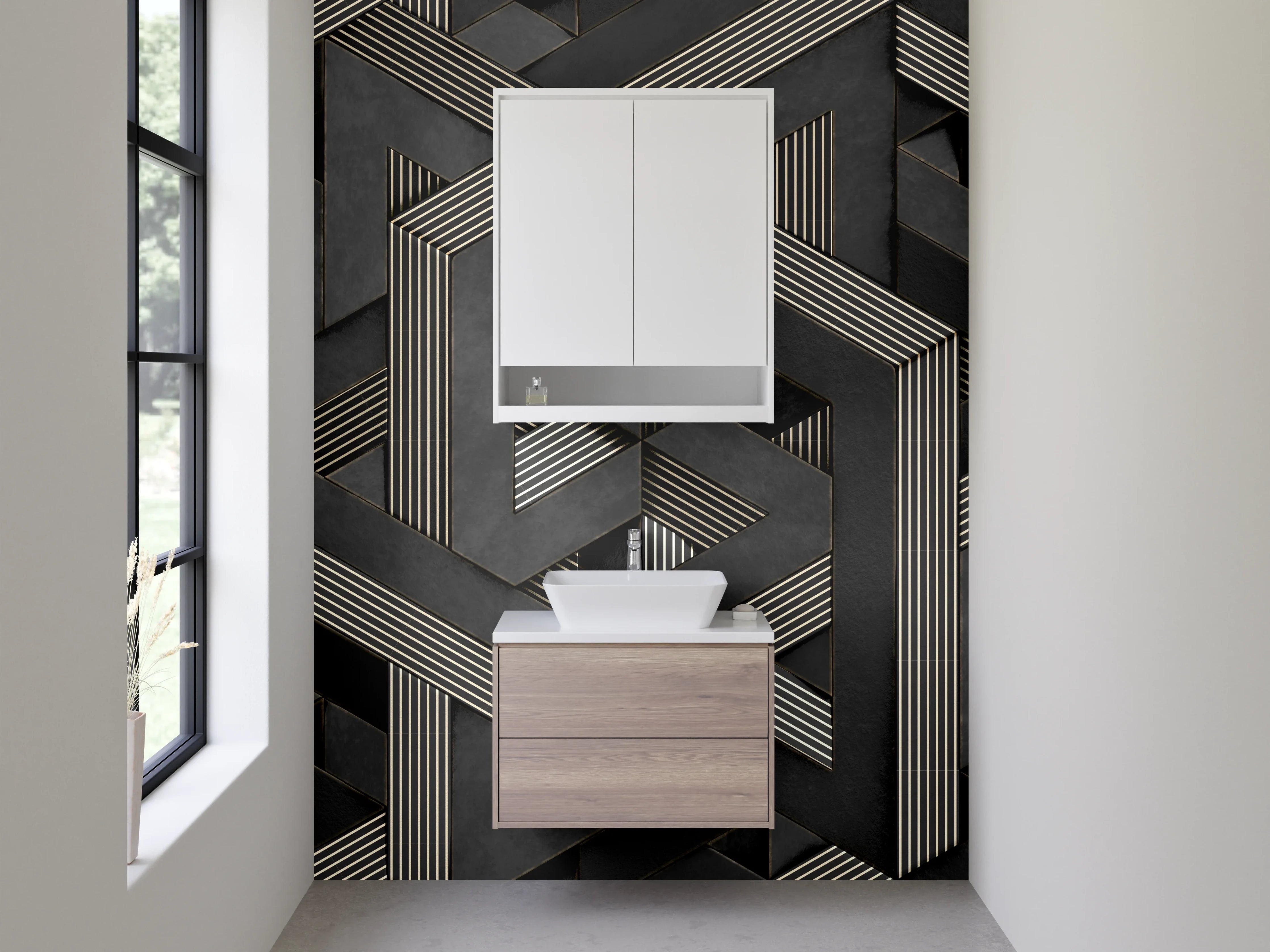 Waschbecken-Rückwand - Geometrisches 3D-Muster Schwarz Weiß Grau