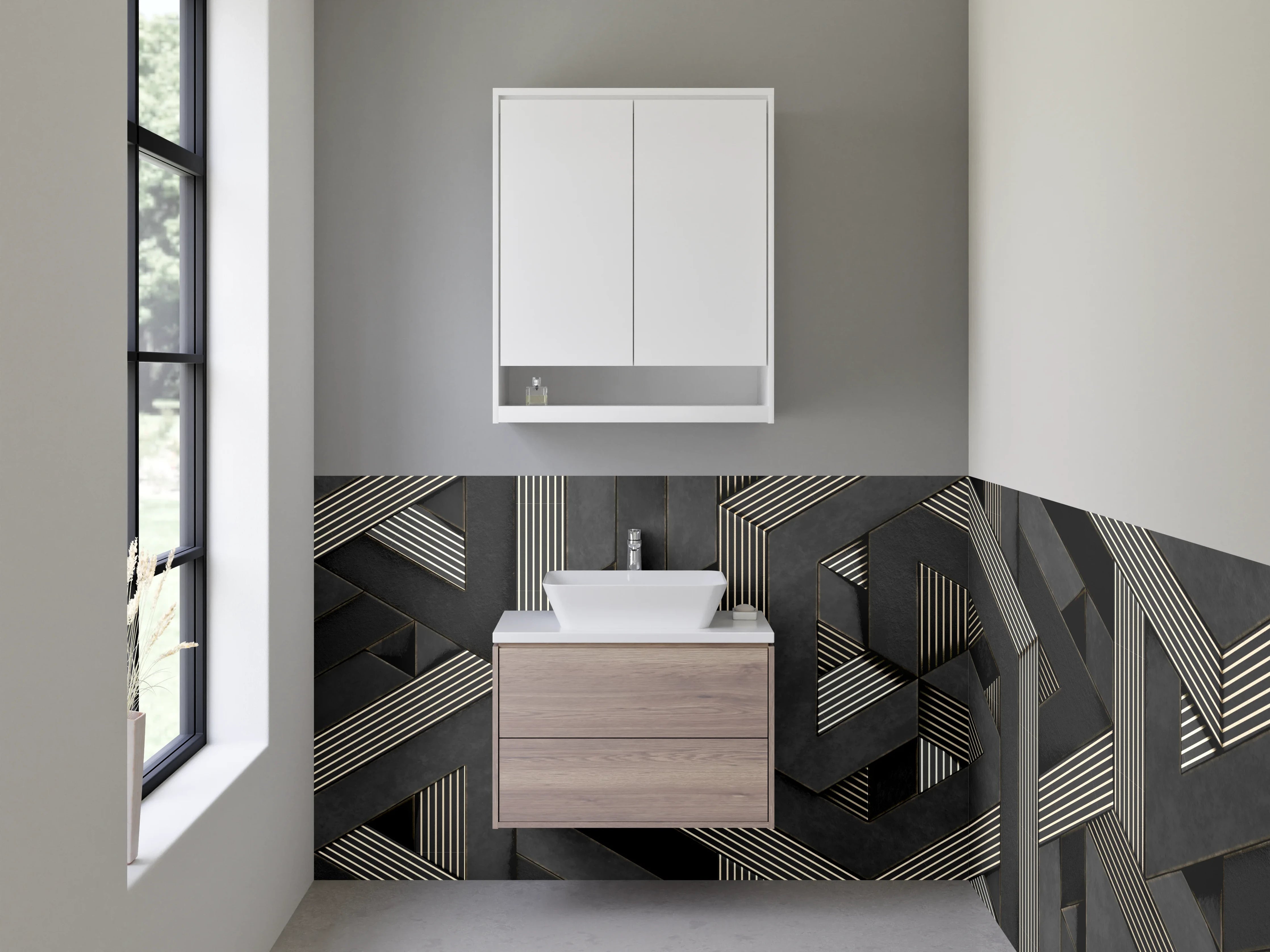 Waschbecken-Rückwand - Geometrisches 3D-Muster Schwarz Weiß Grau