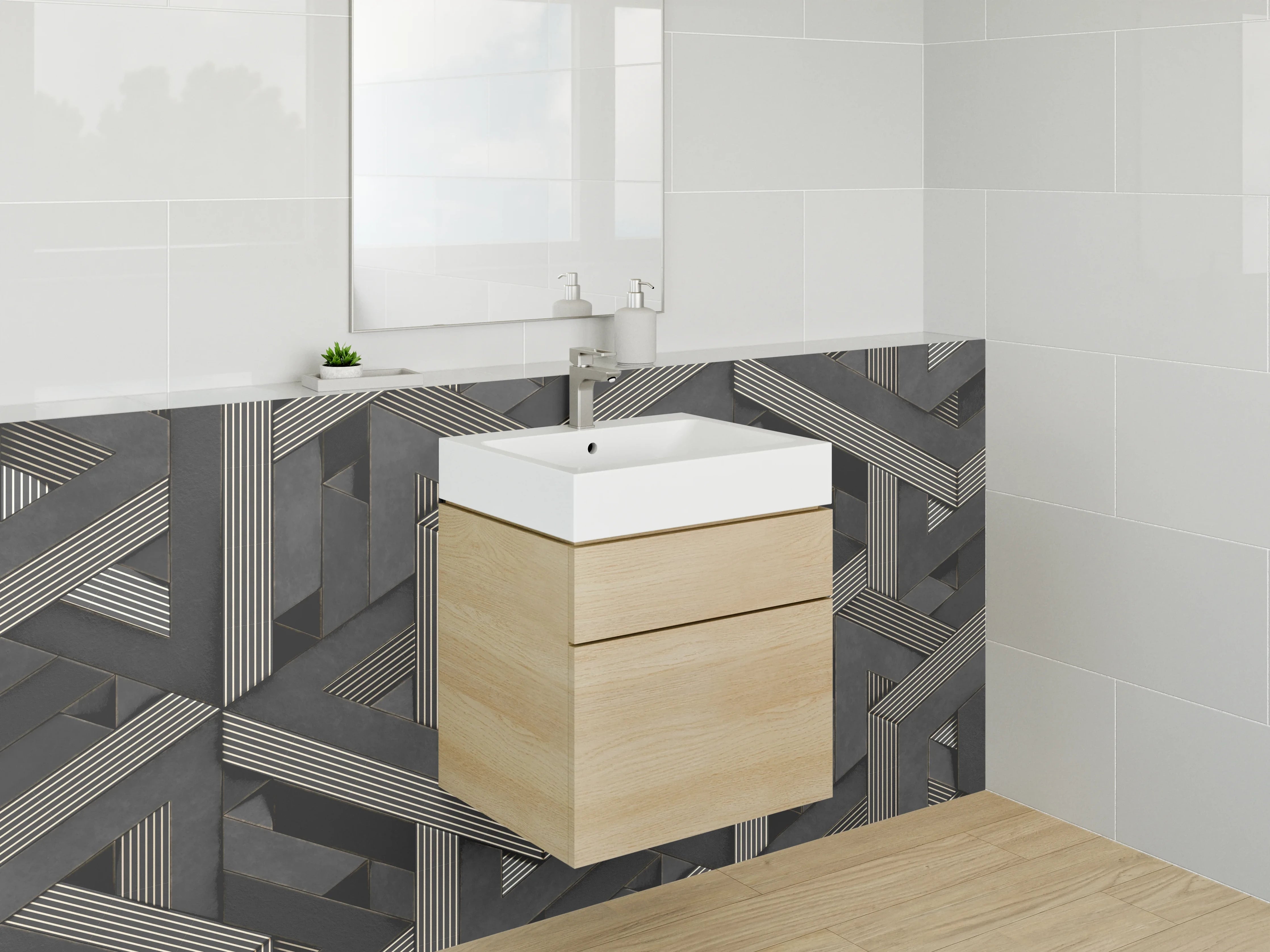 Waschbecken-Rückwand - Geometrisches 3D-Muster Schwarz Weiß Grau