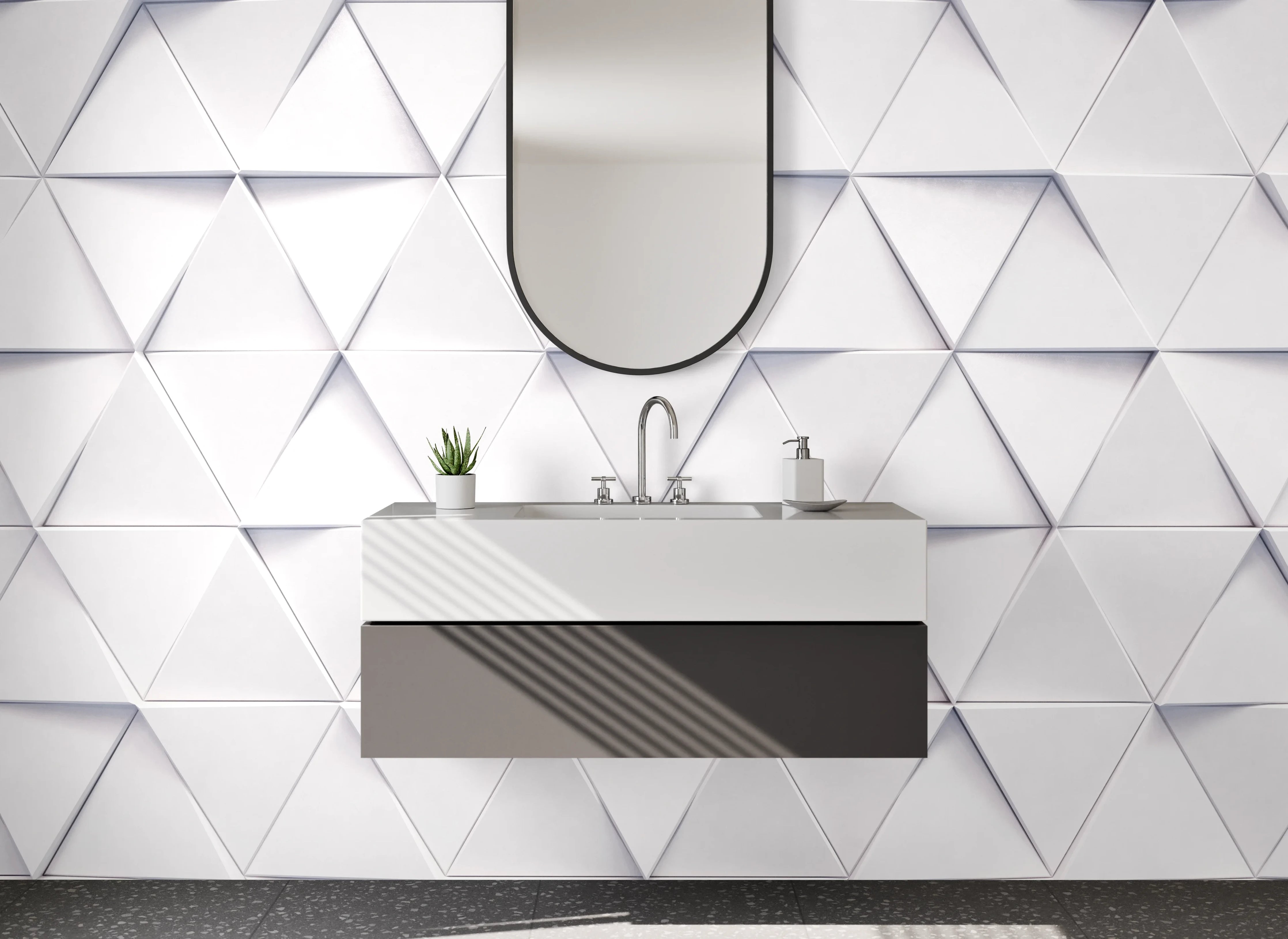 Waschbecken-Rückwand - Geometrisches 3D-Muster weiß-grau