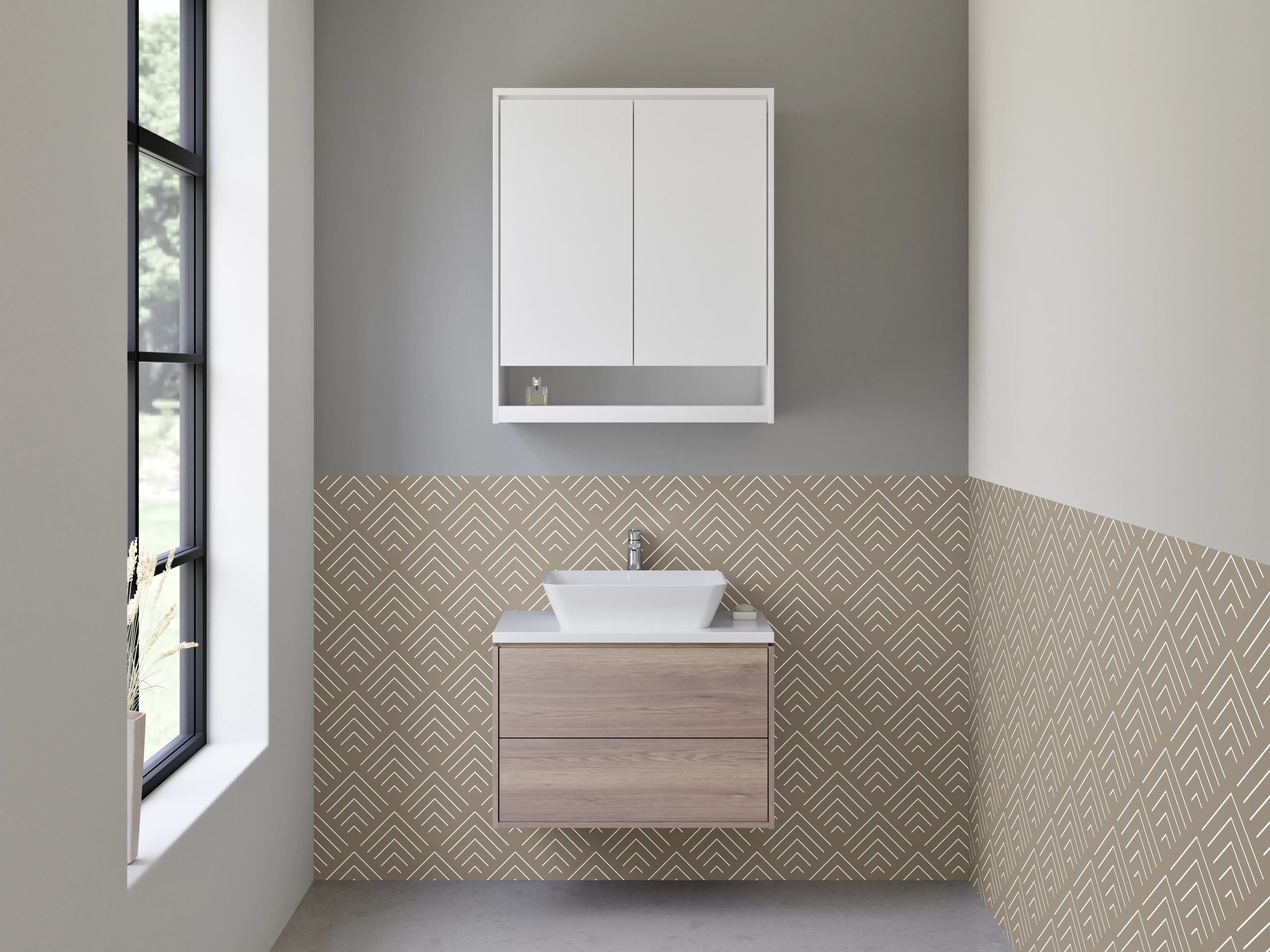 Waschbecken-Rückwand - Geometrisches Art-Déco-Muster Beige Weiß
