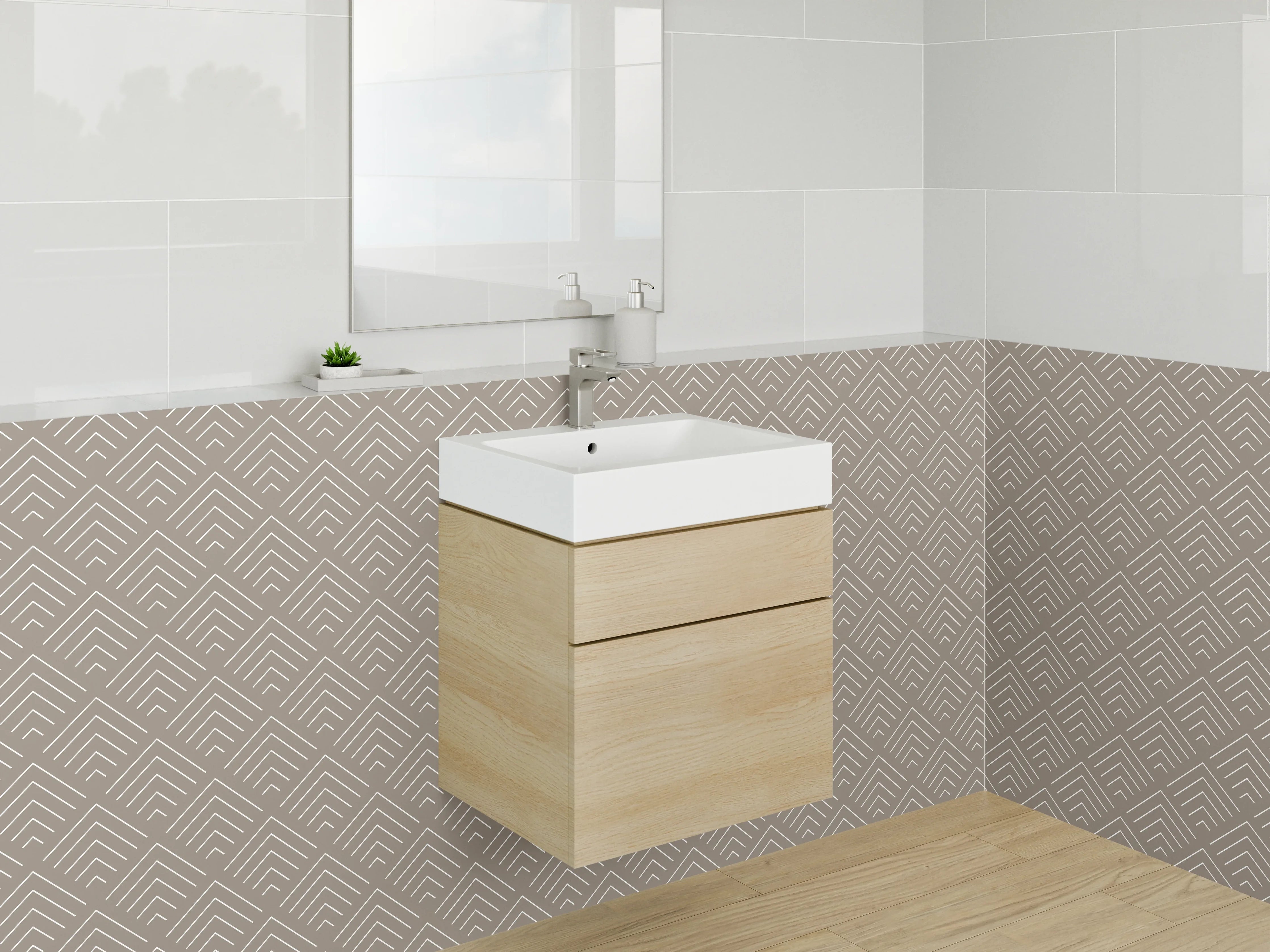 Waschbecken-Rückwand - Geometrisches Art-Déco-Muster Beige Weiß