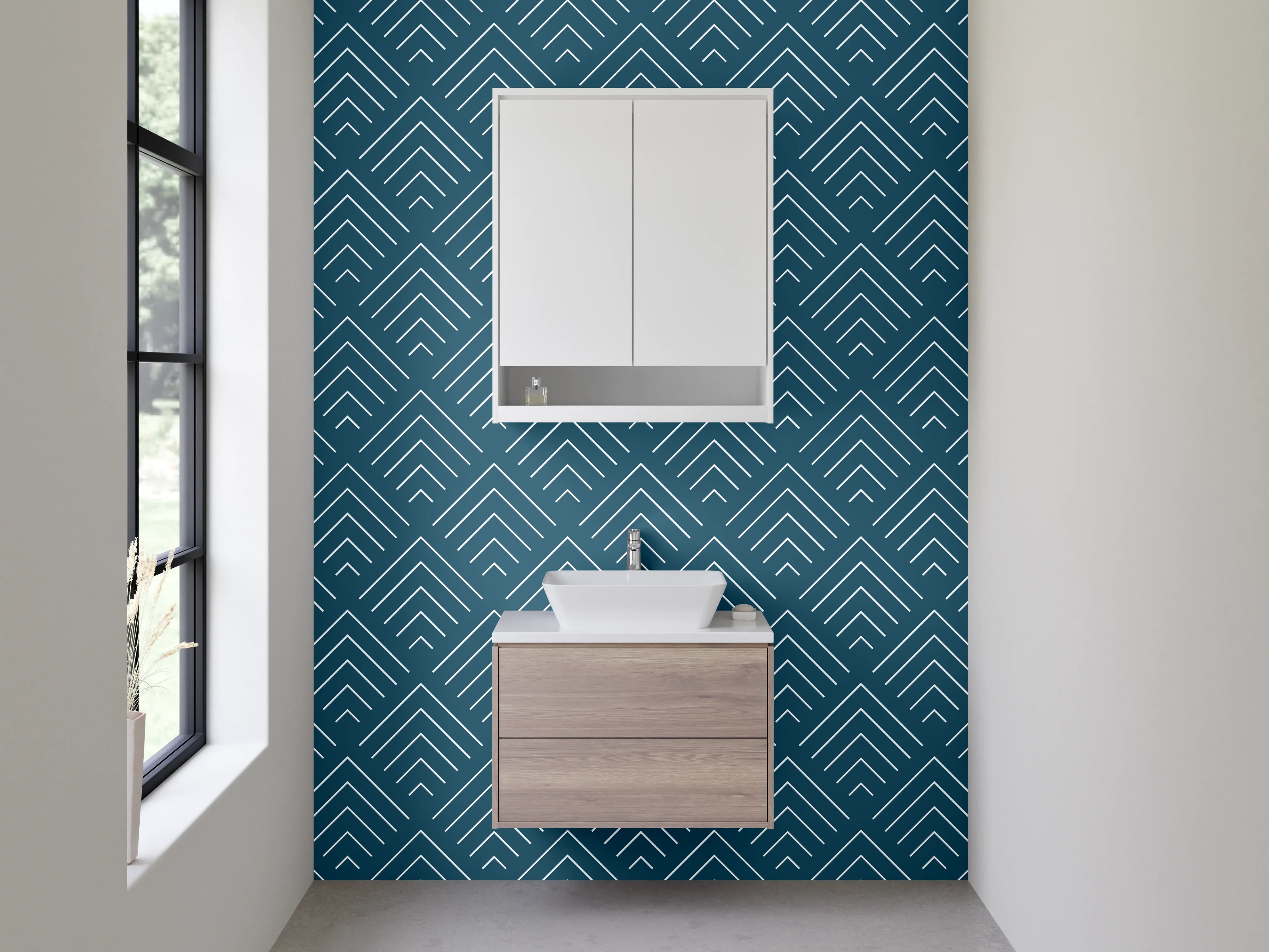 Waschbecken-Rückwand - Geometrisches Art-Déco Muster Blau Weiß