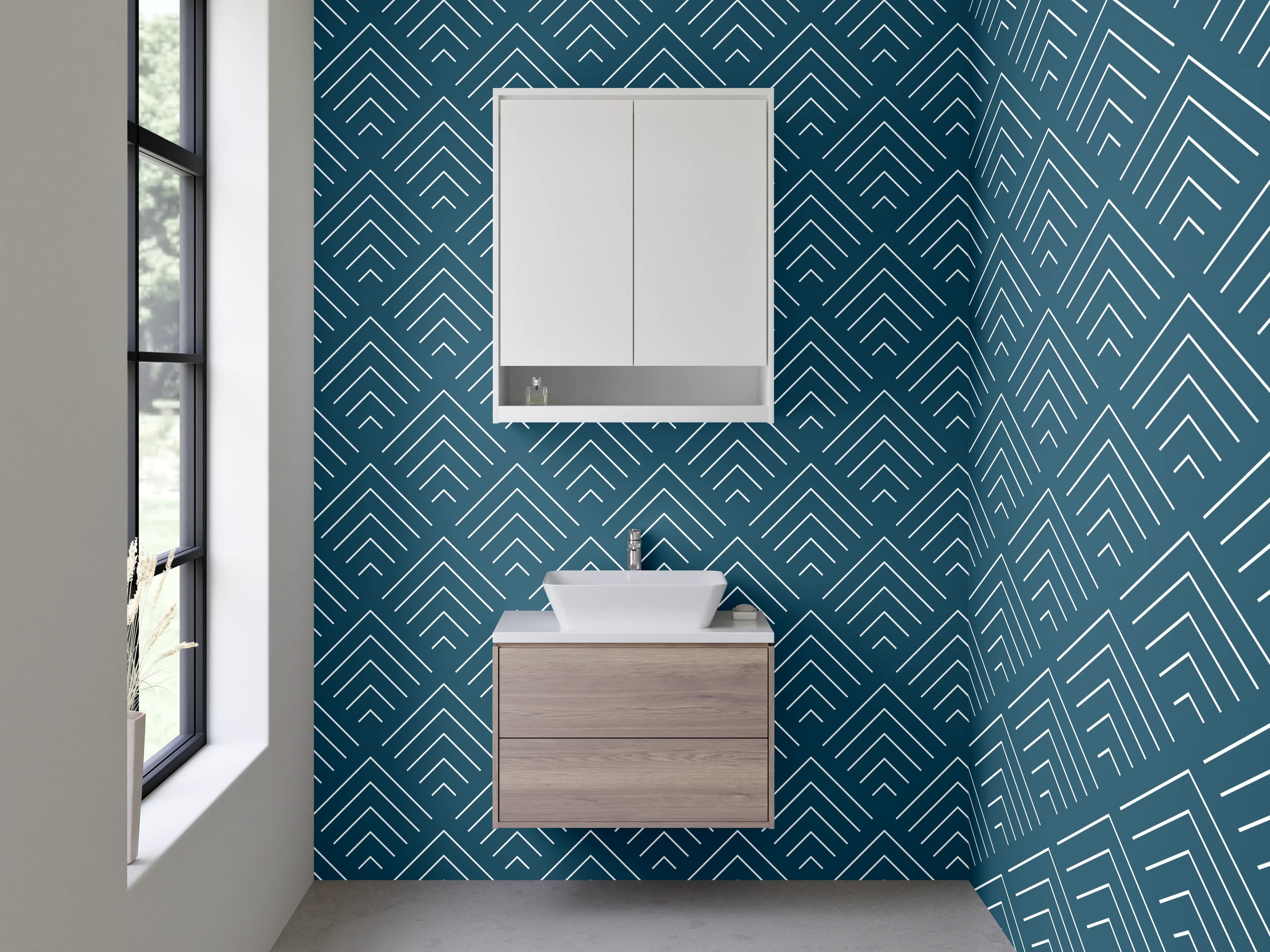 Waschbecken-Rückwand - Geometrisches Art-Déco Muster Blau Weiß