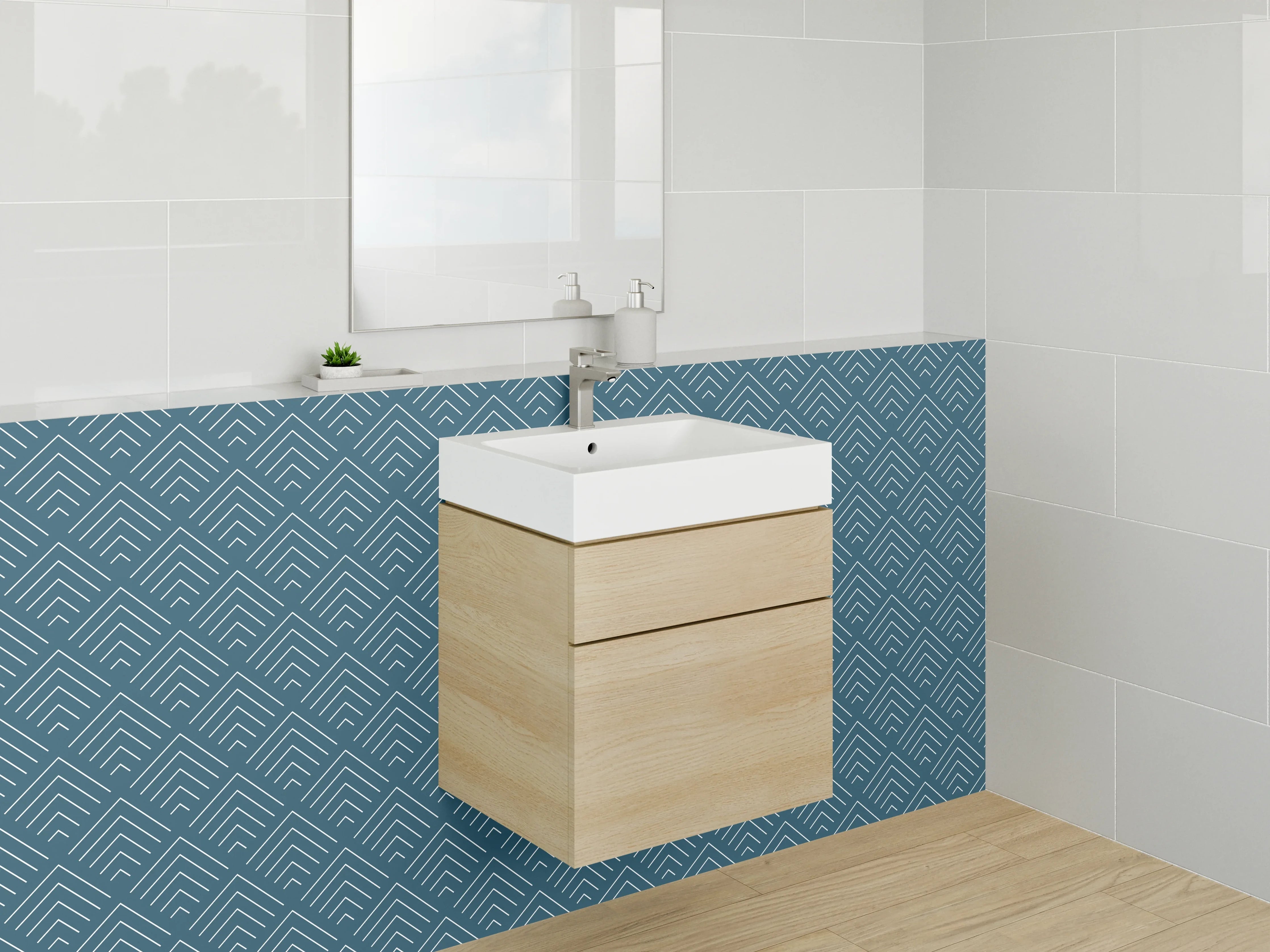 Waschbecken-Rückwand - Geometrisches Art-Déco Muster Blau Weiß