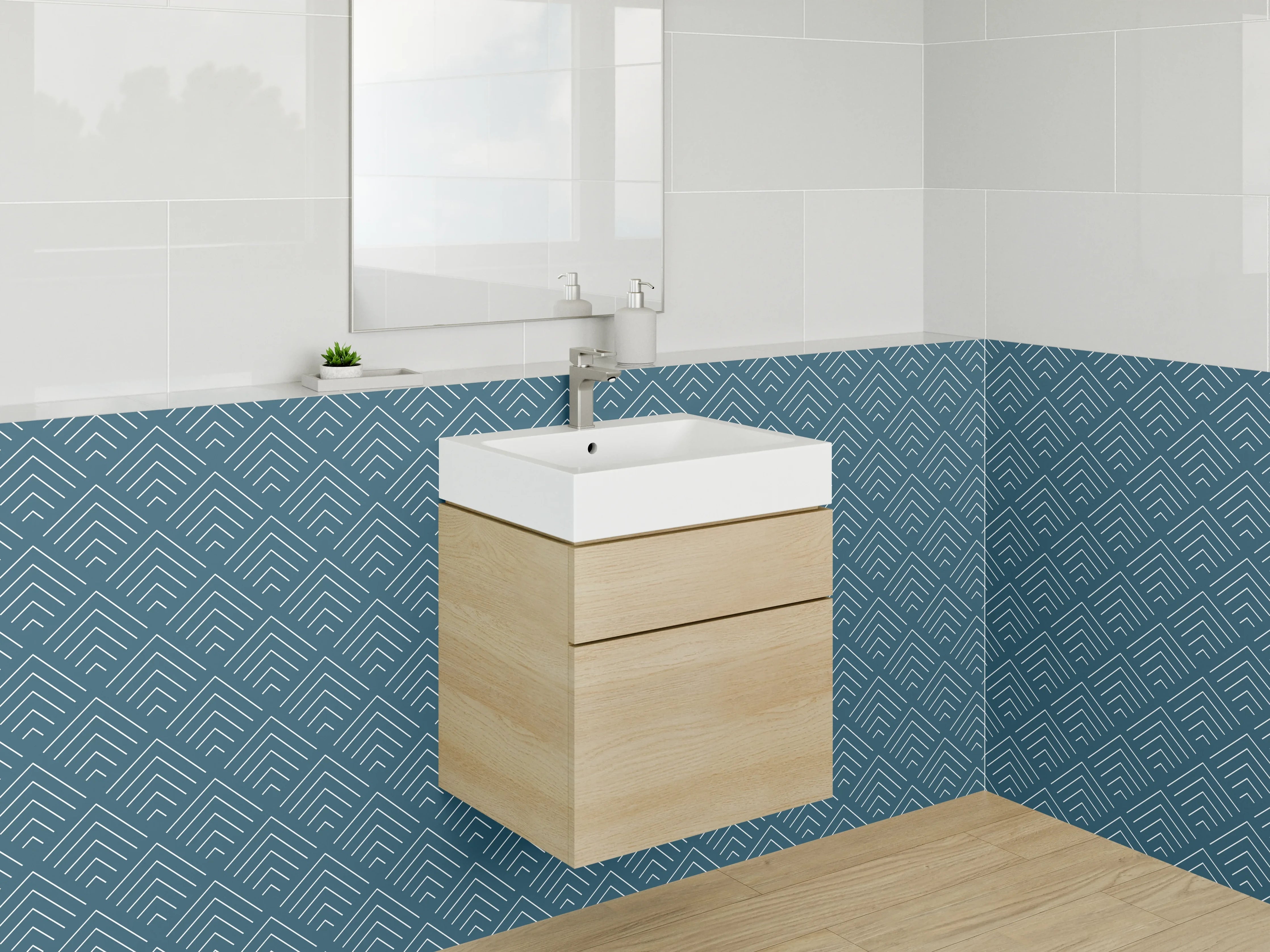 Waschbecken-Rückwand - Geometrisches Art-Déco Muster Blau Weiß