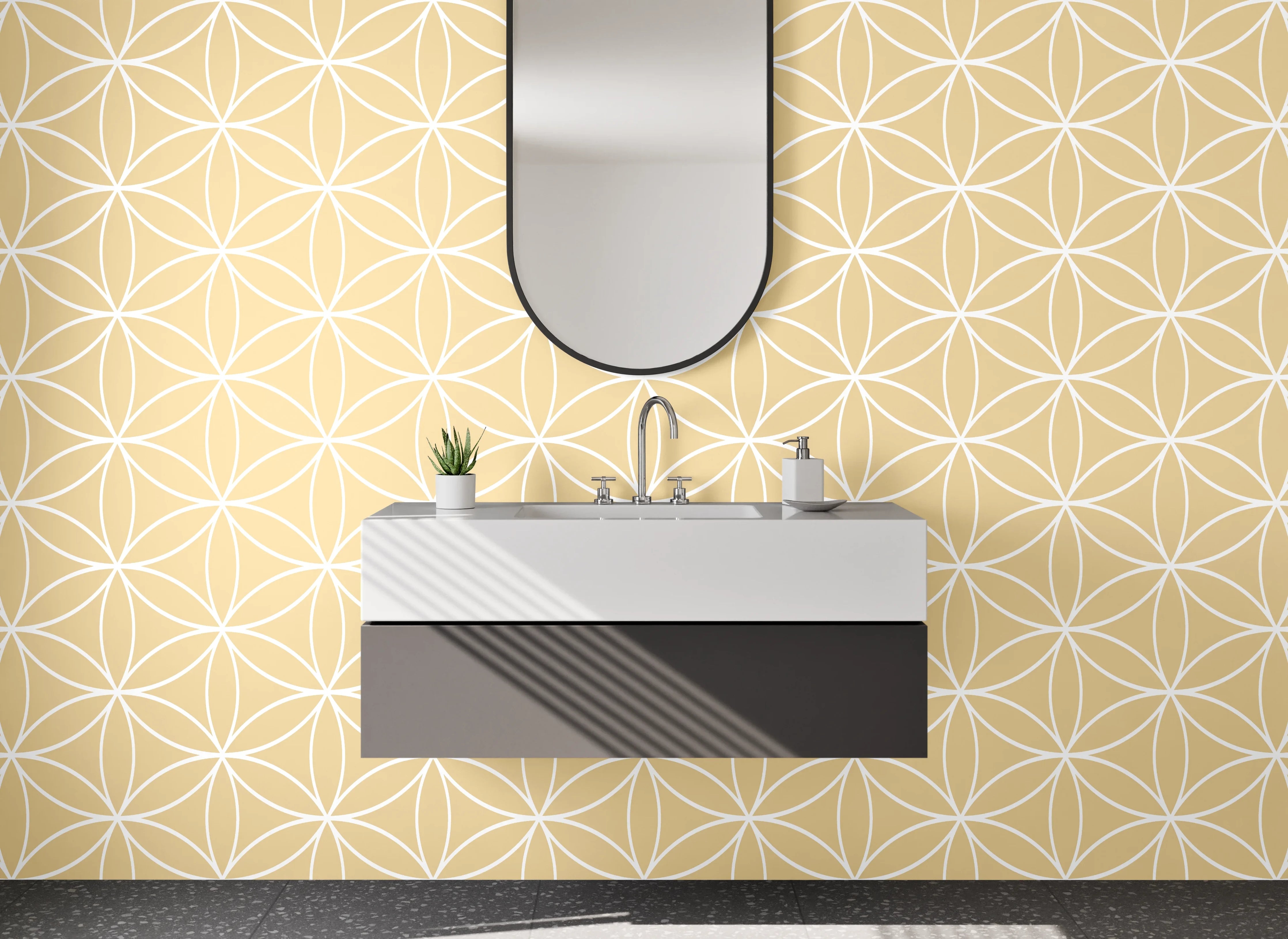 Waschbecken-Rückwand - Geometrisches Blütenmuster in Beige