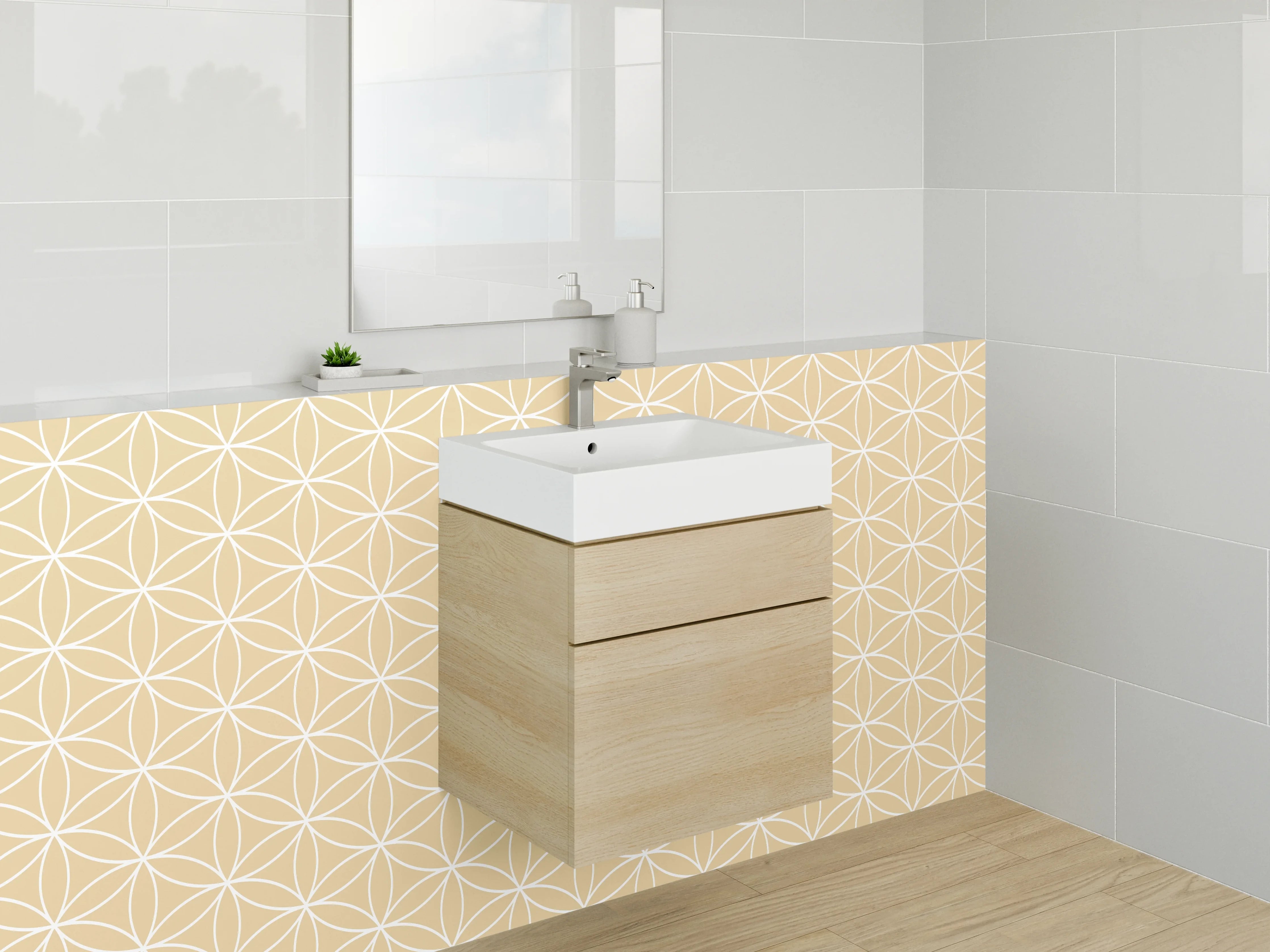 Waschbecken-Rückwand - Geometrisches Blütenmuster in Beige