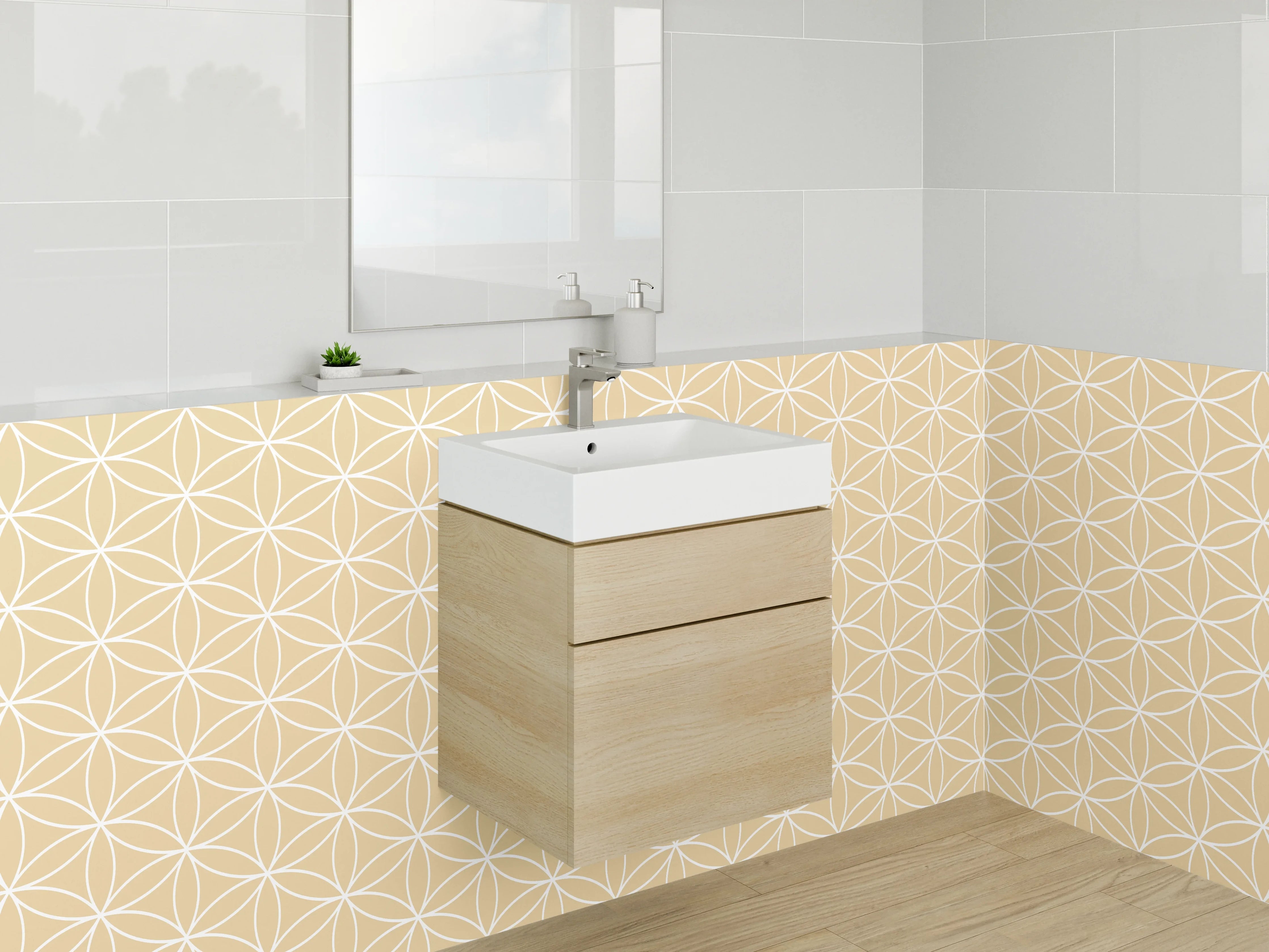 Waschbecken-Rückwand - Geometrisches Blütenmuster in Beige