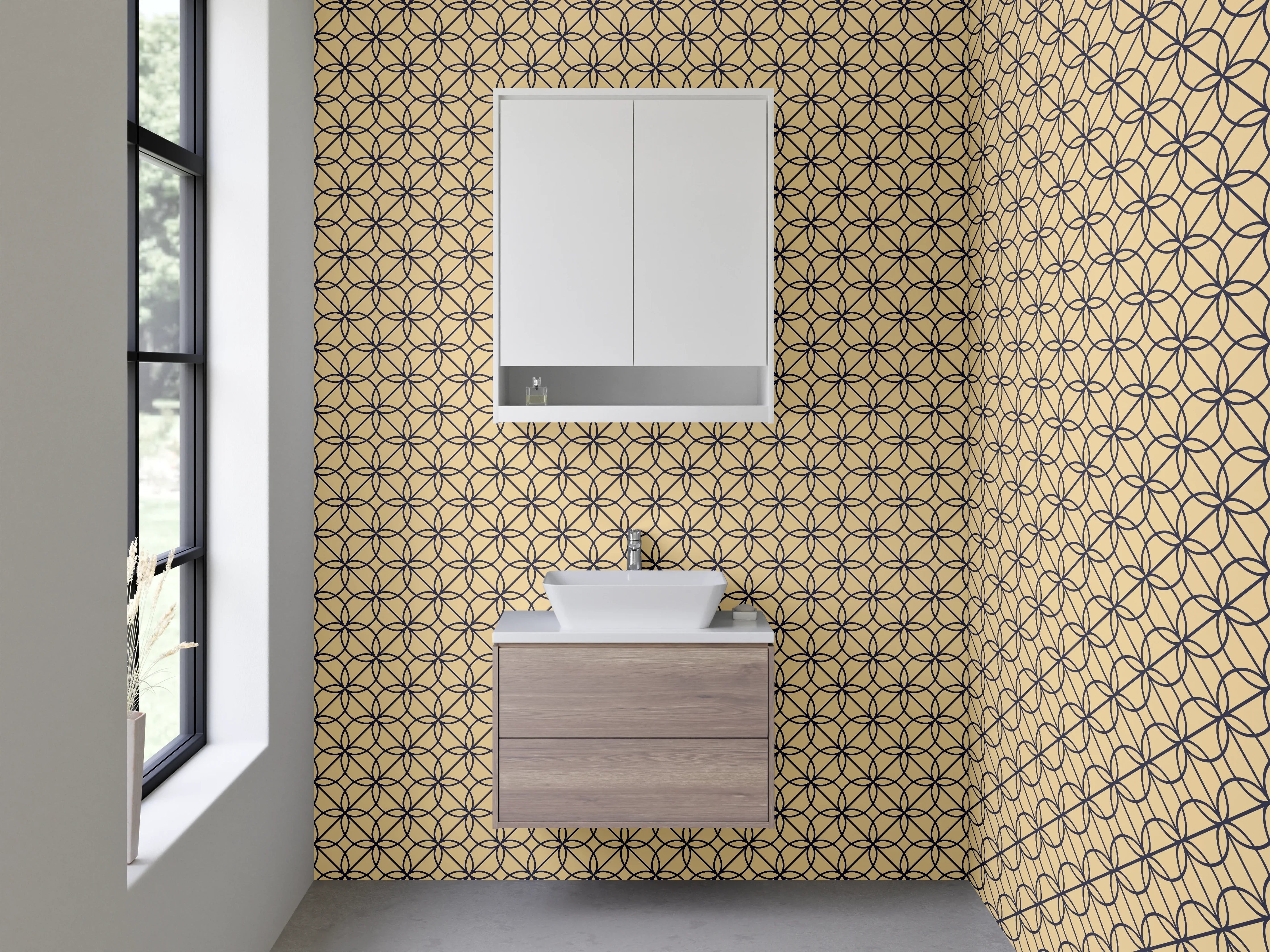 Waschbecken-Rückwand - Geometrisches Blumenmuster Beige Schwarz