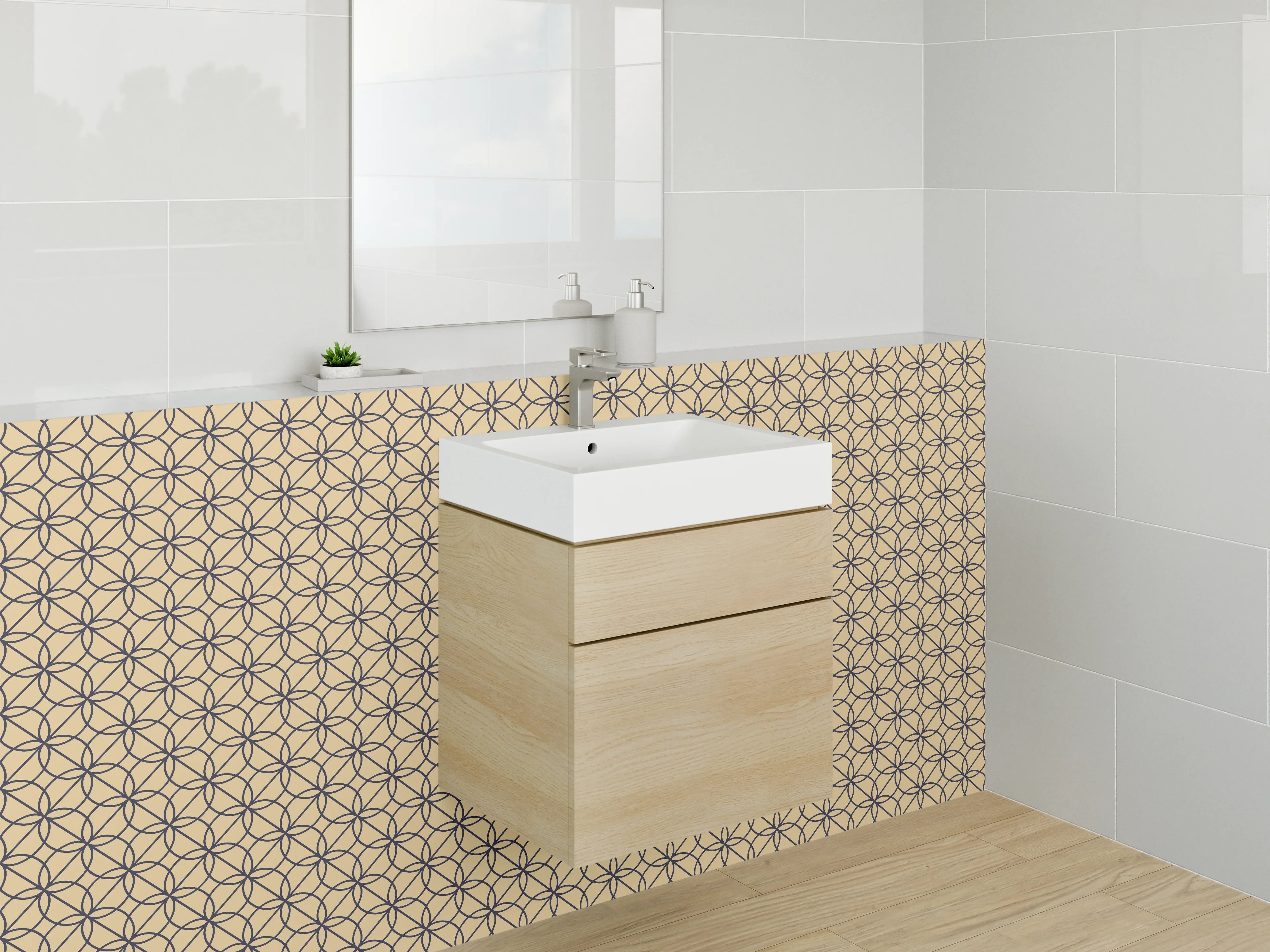 Waschbecken-Rückwand - Geometrisches Blumenmuster Beige Schwarz