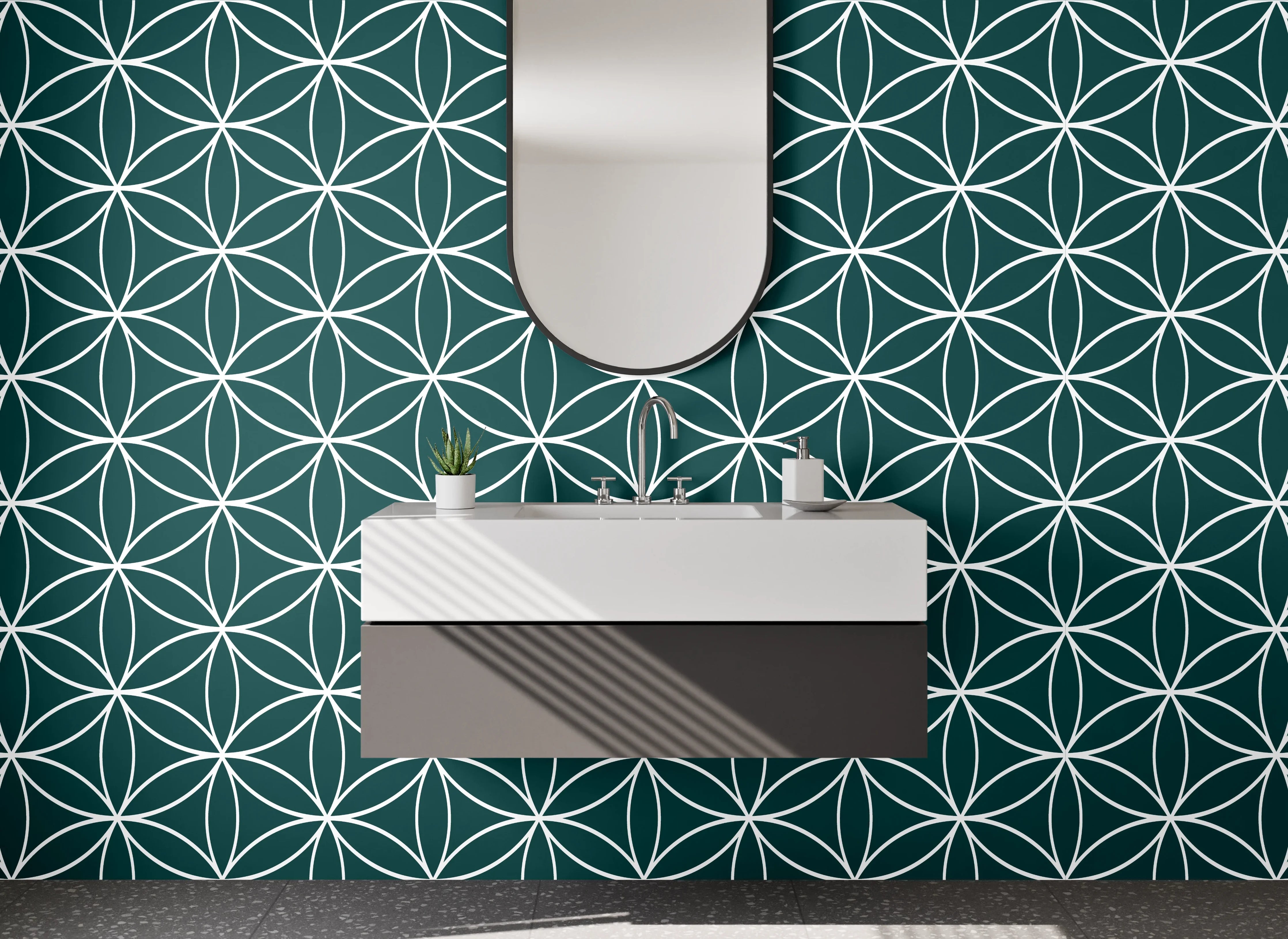 Waschbecken-Rückwand - Geometrisches Blumenmuster Retro Optik