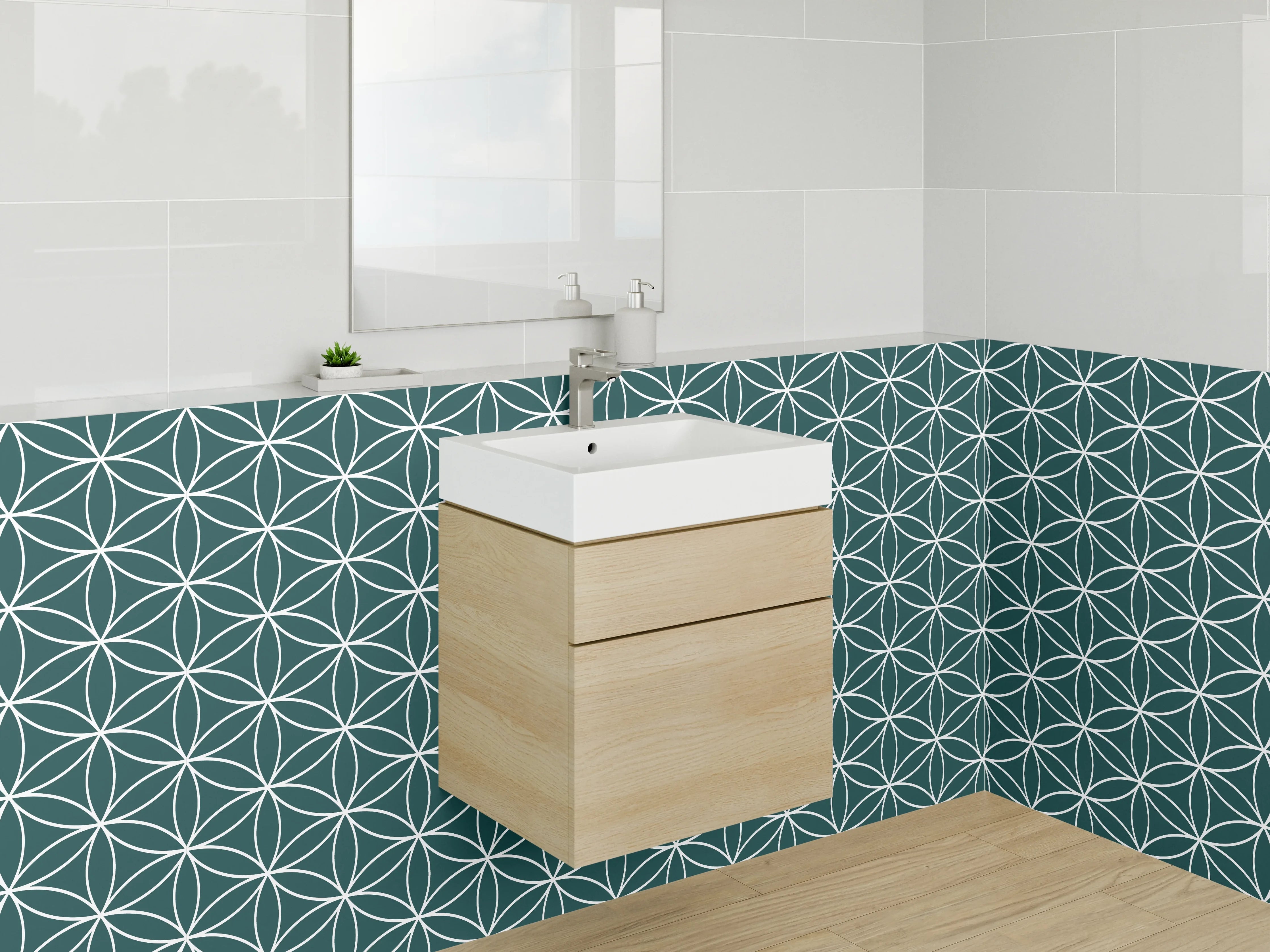 Waschbecken-Rückwand - Geometrisches Blumenmuster Retro Optik