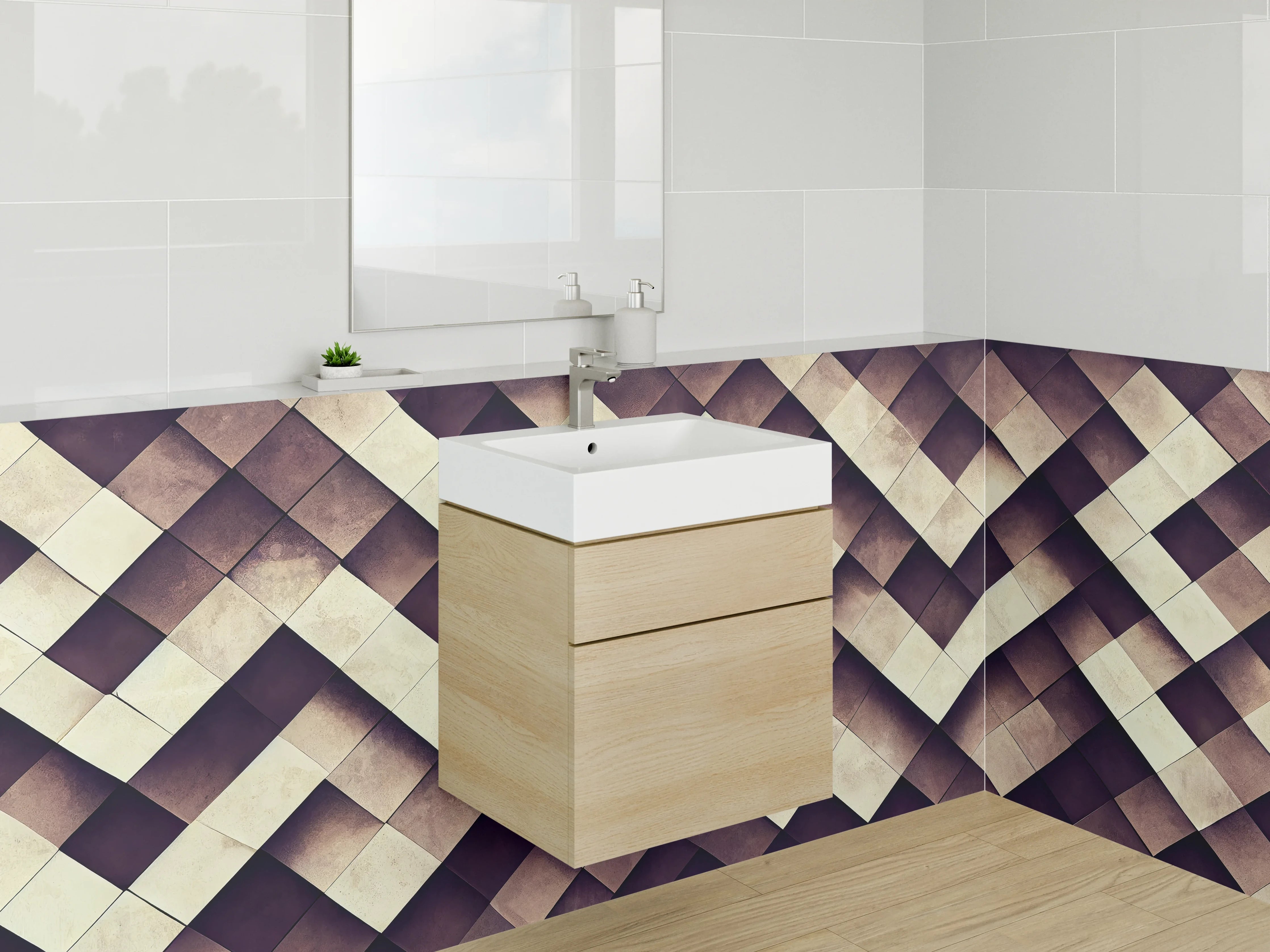 Waschbecken-Rückwand - Geometrisches Fliesenmuster Beige Braun