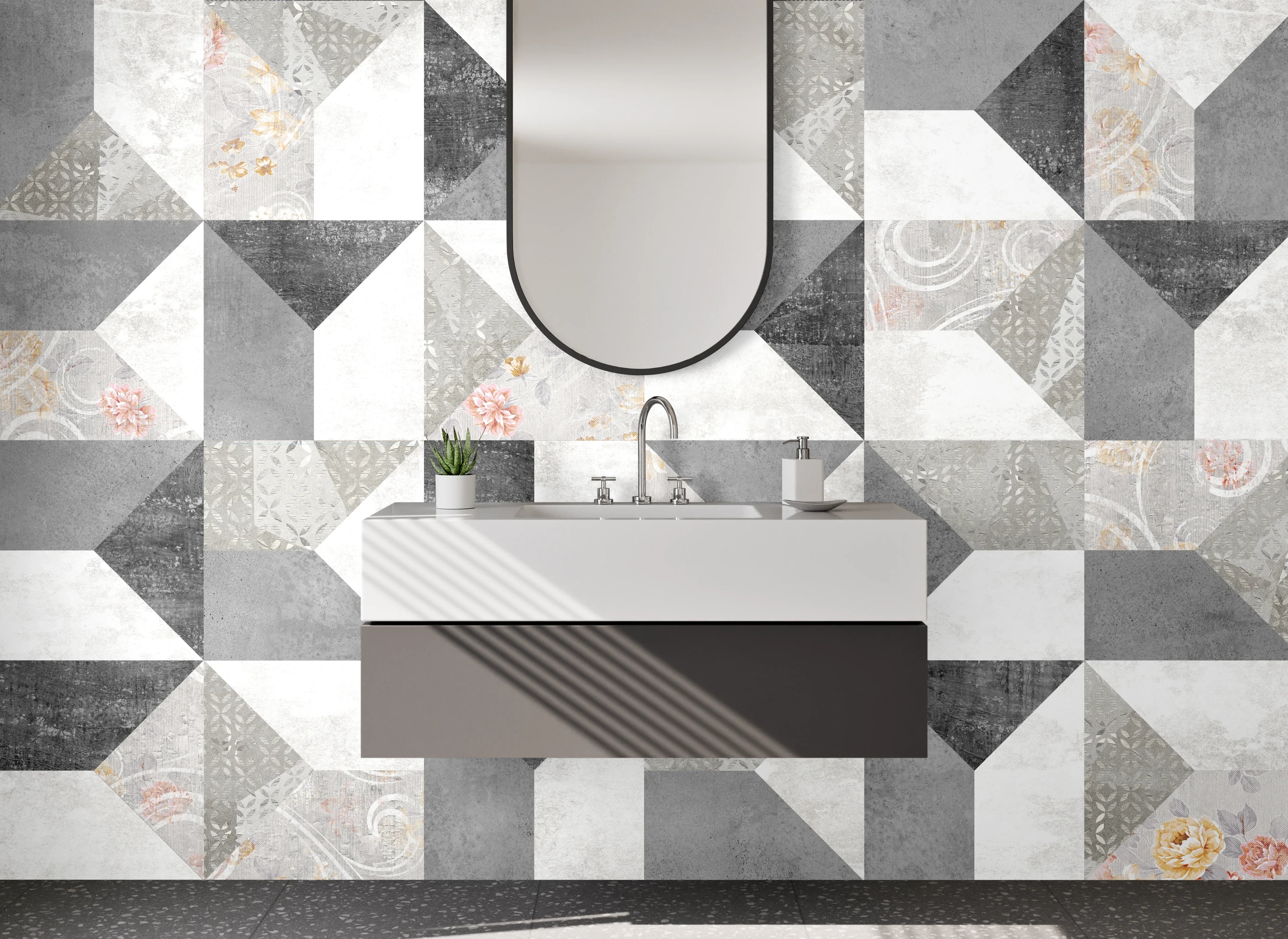 Waschbecken-Rückwand - Geometrisches Fliesenmuster Weiß Grau Vintage