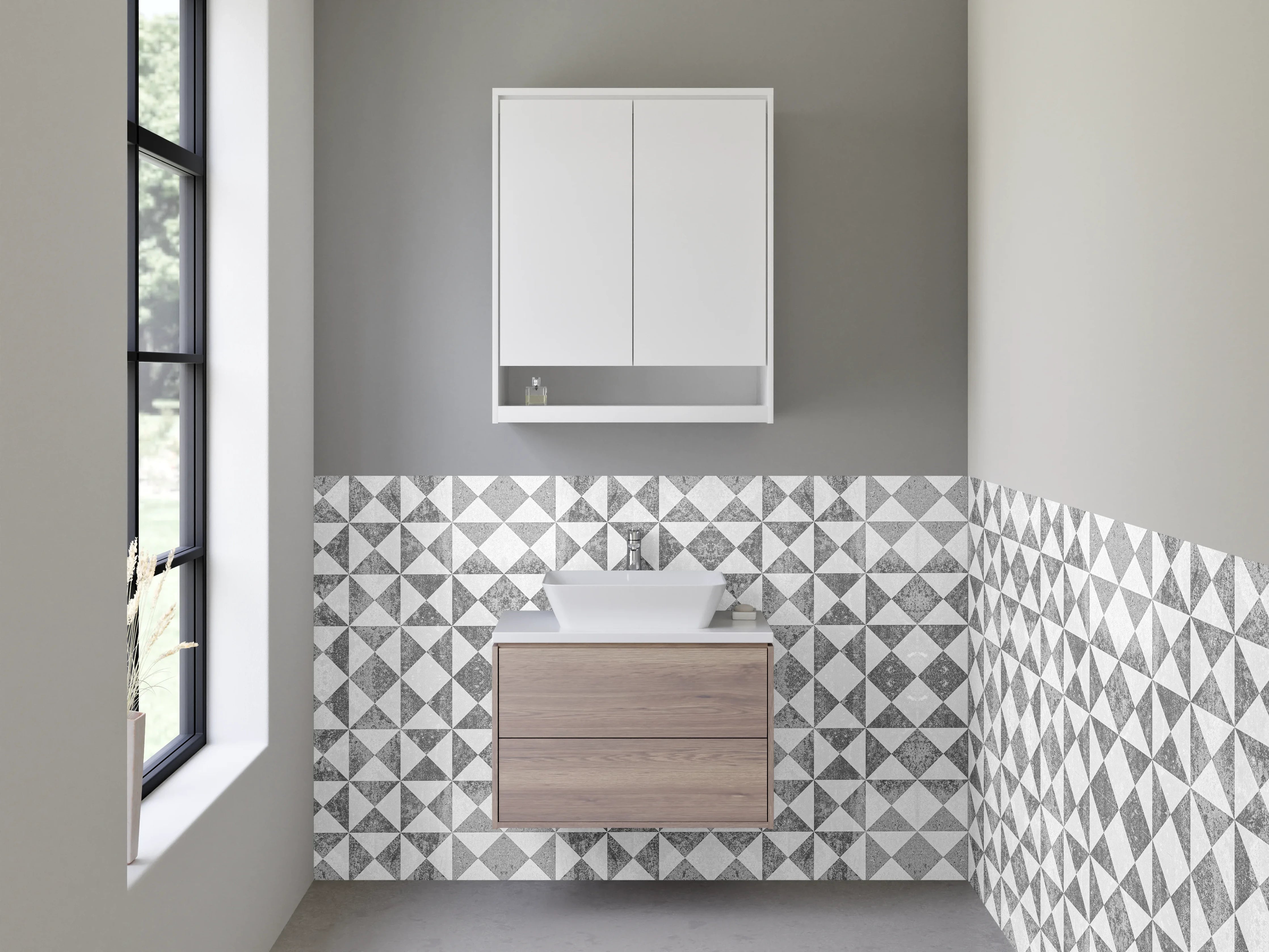 Waschbecken-Rückwand - Geometrisches Fliesenmuster in Schwarz-Weiß