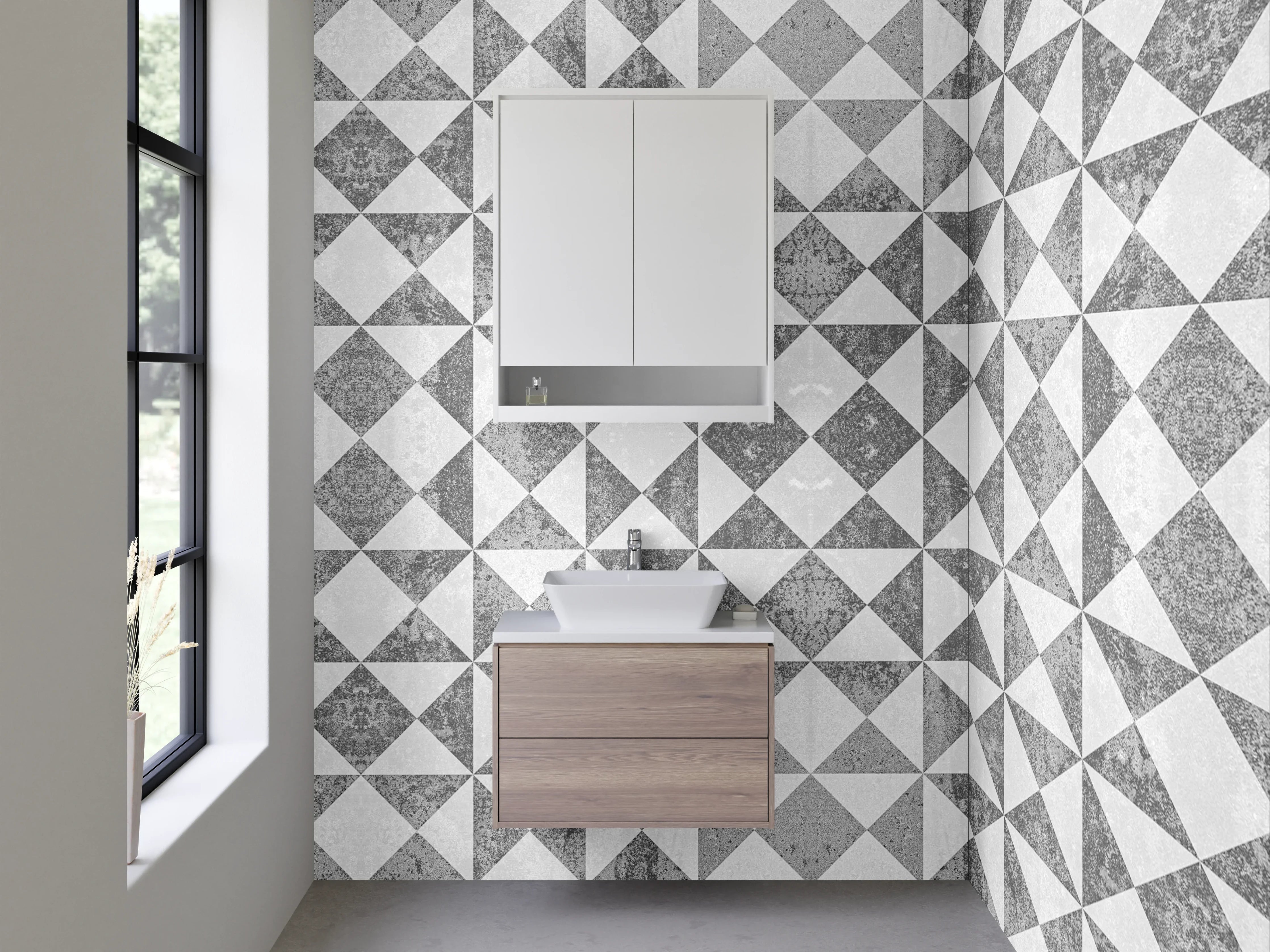 Waschbecken-Rückwand - Geometrisches Fliesenmuster in Schwarz-Weiß