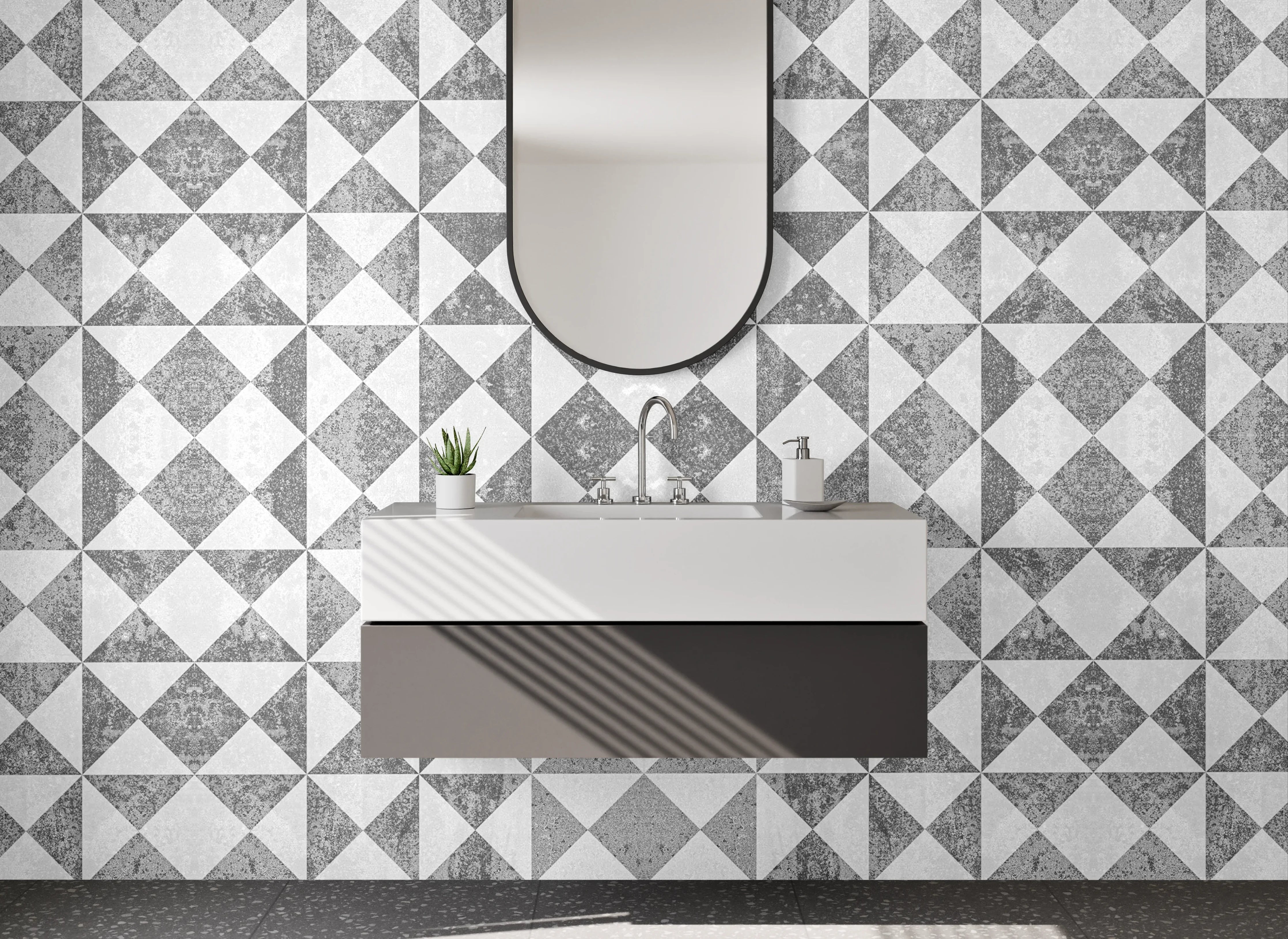 Waschbecken-Rückwand - Geometrisches Fliesenmuster in Schwarz-Weiß