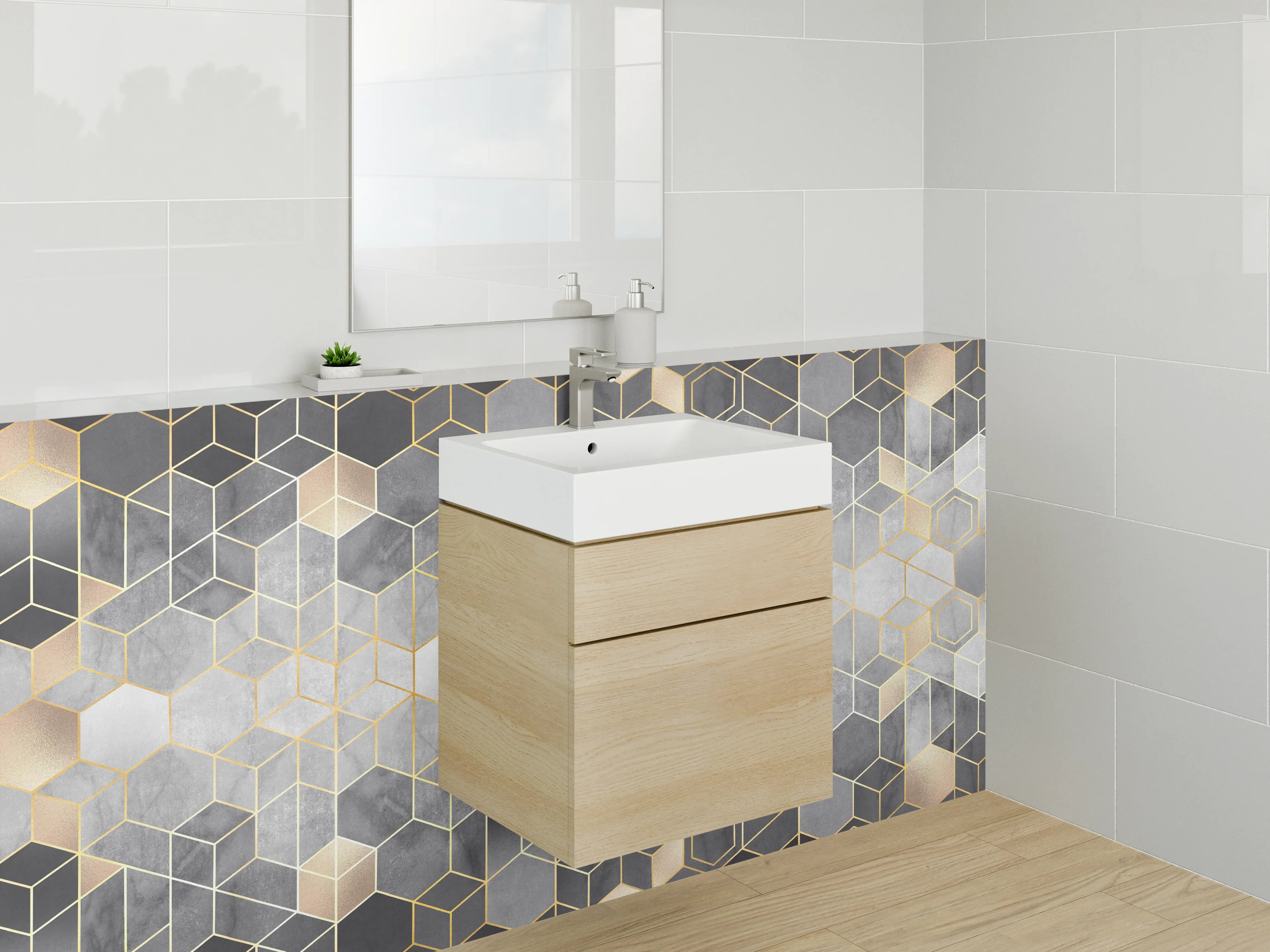Waschbecken-Rückwand - Geometrisches Gold Design Fliesen Optik