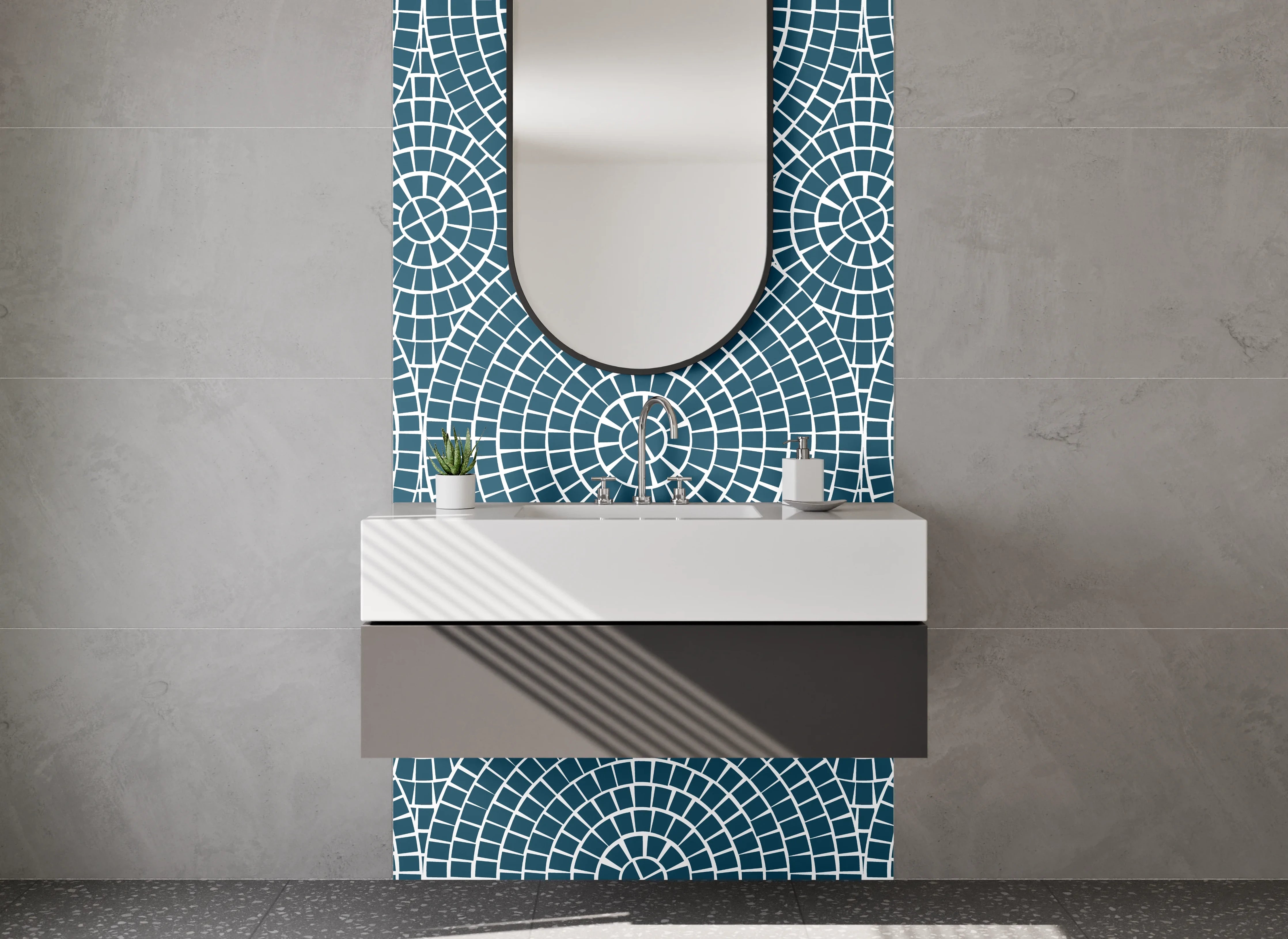 Waschbecken-Rückwand - Geometrisches Kreismuster Blau Modern