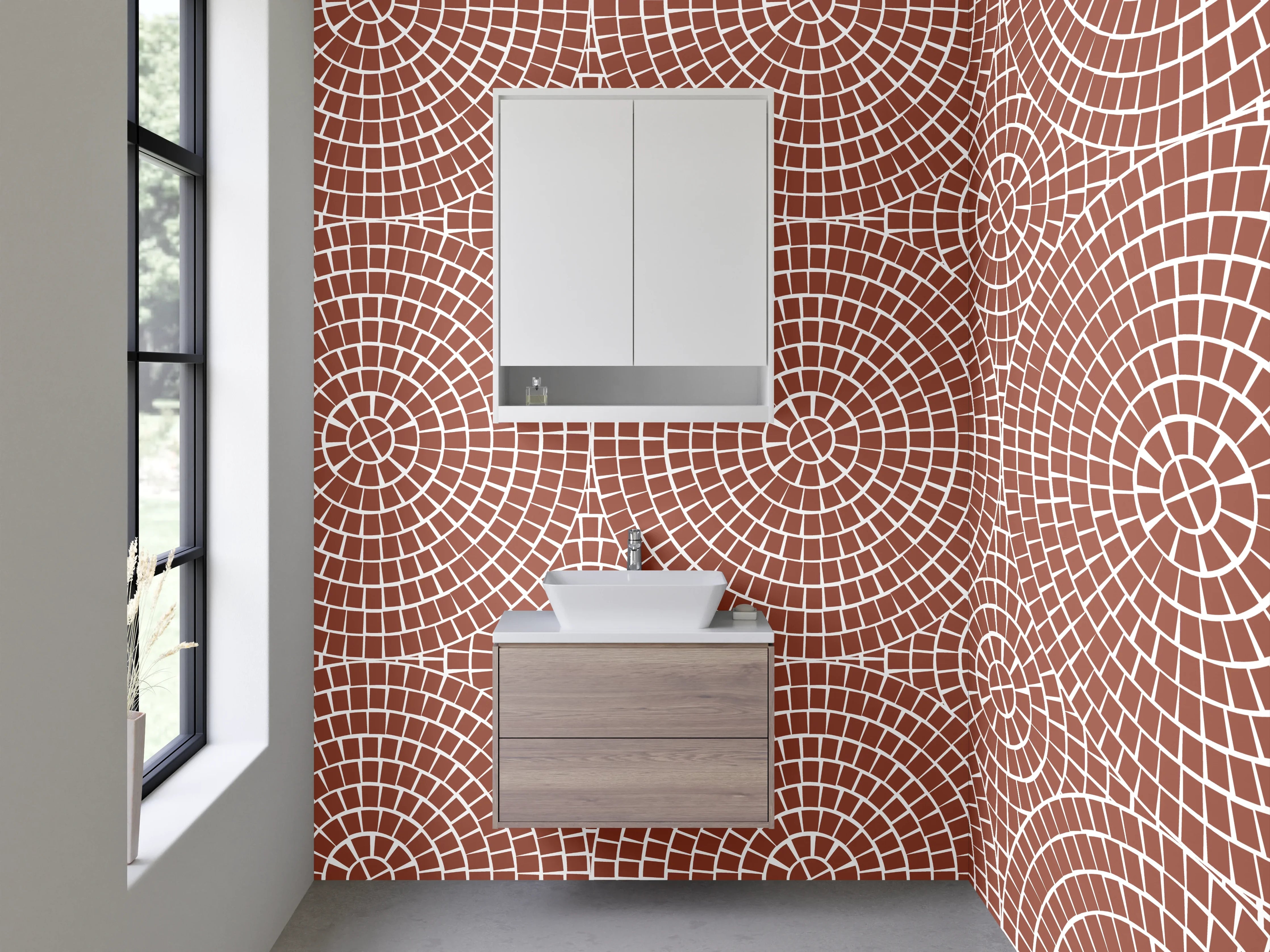 Waschbecken-Rückwand - Geometrisches Kreismuster Retro Braun