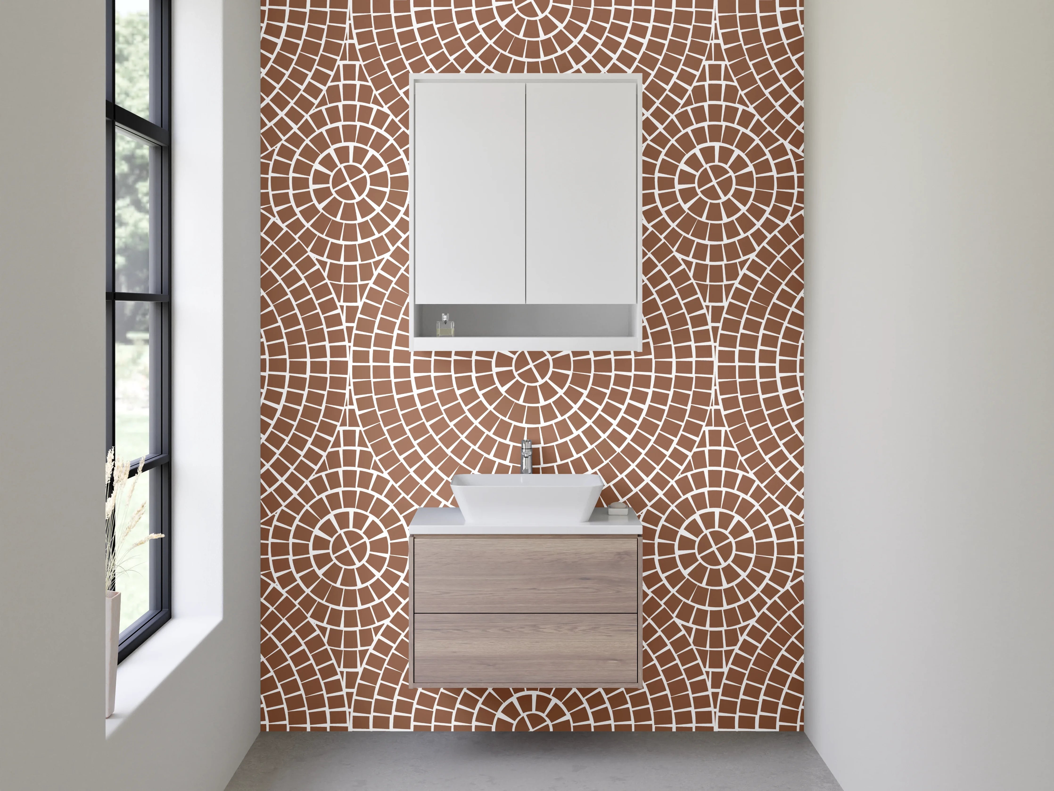 Waschbecken-Rückwand - Geometrisches Kreismuster in Beige Braun