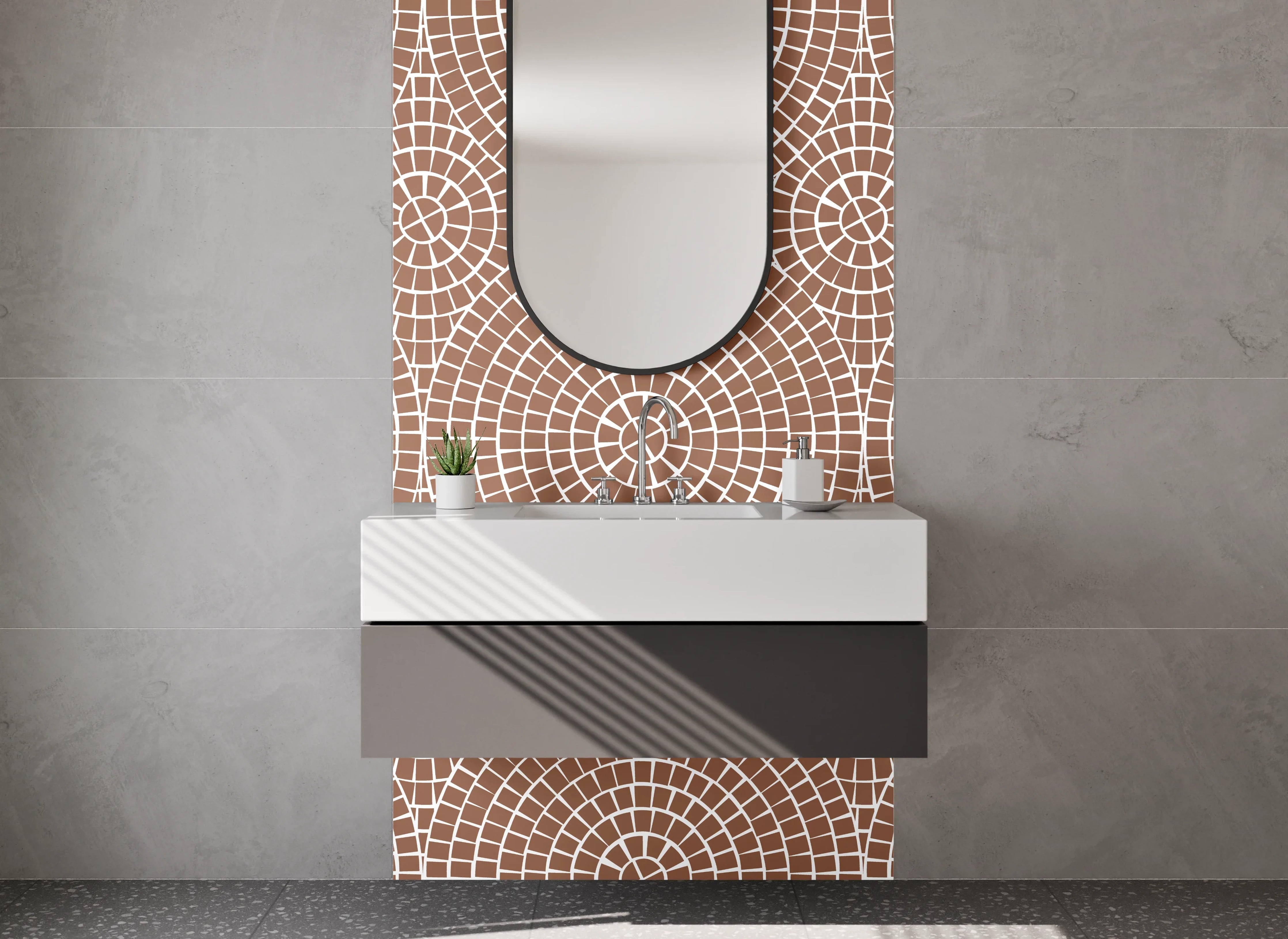 Waschbecken-Rückwand - Geometrisches Kreismuster in Beige Braun