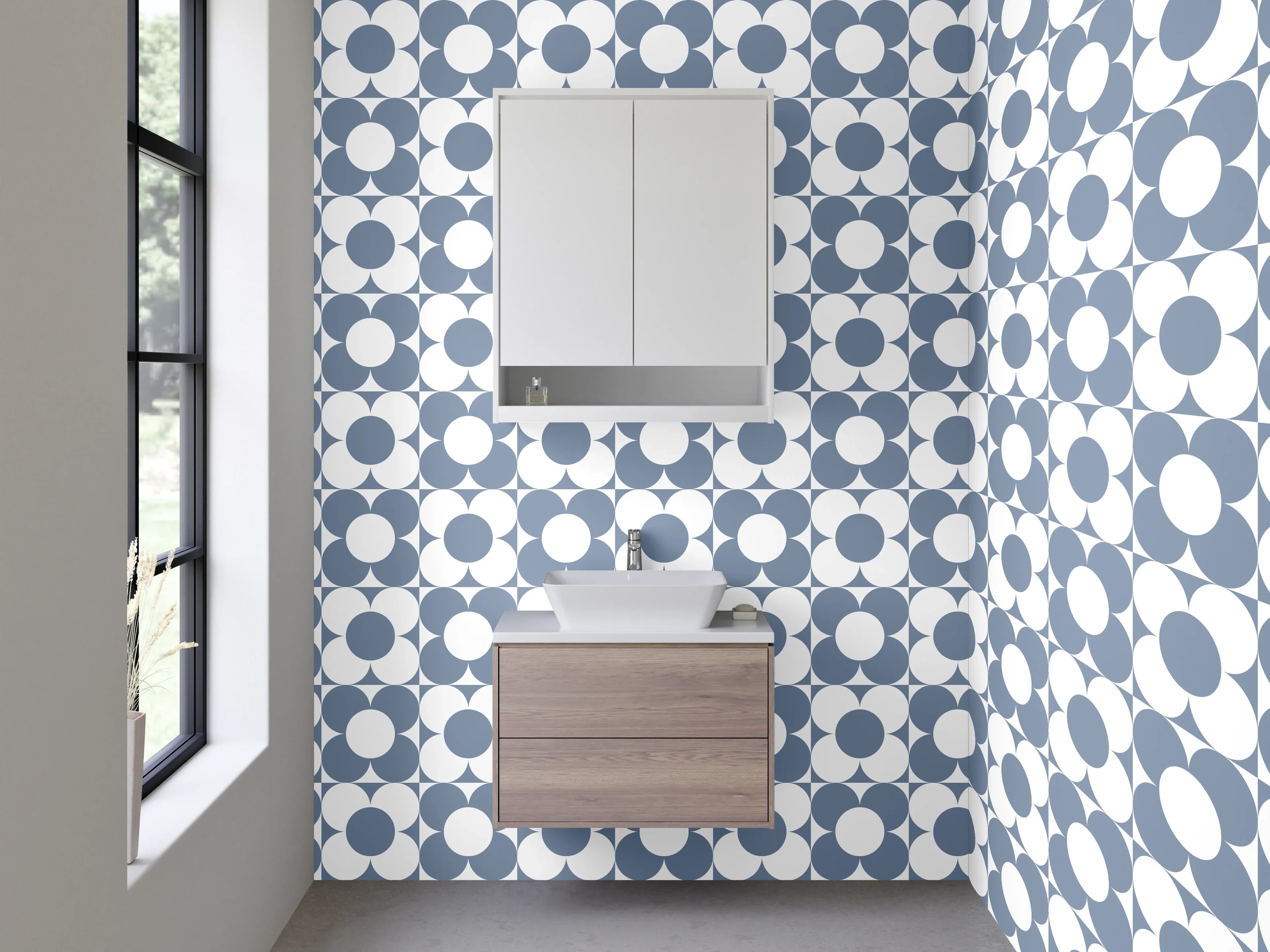 Waschbecken-Rückwand - Geometrisches Kreismuster in Grau-Weiß