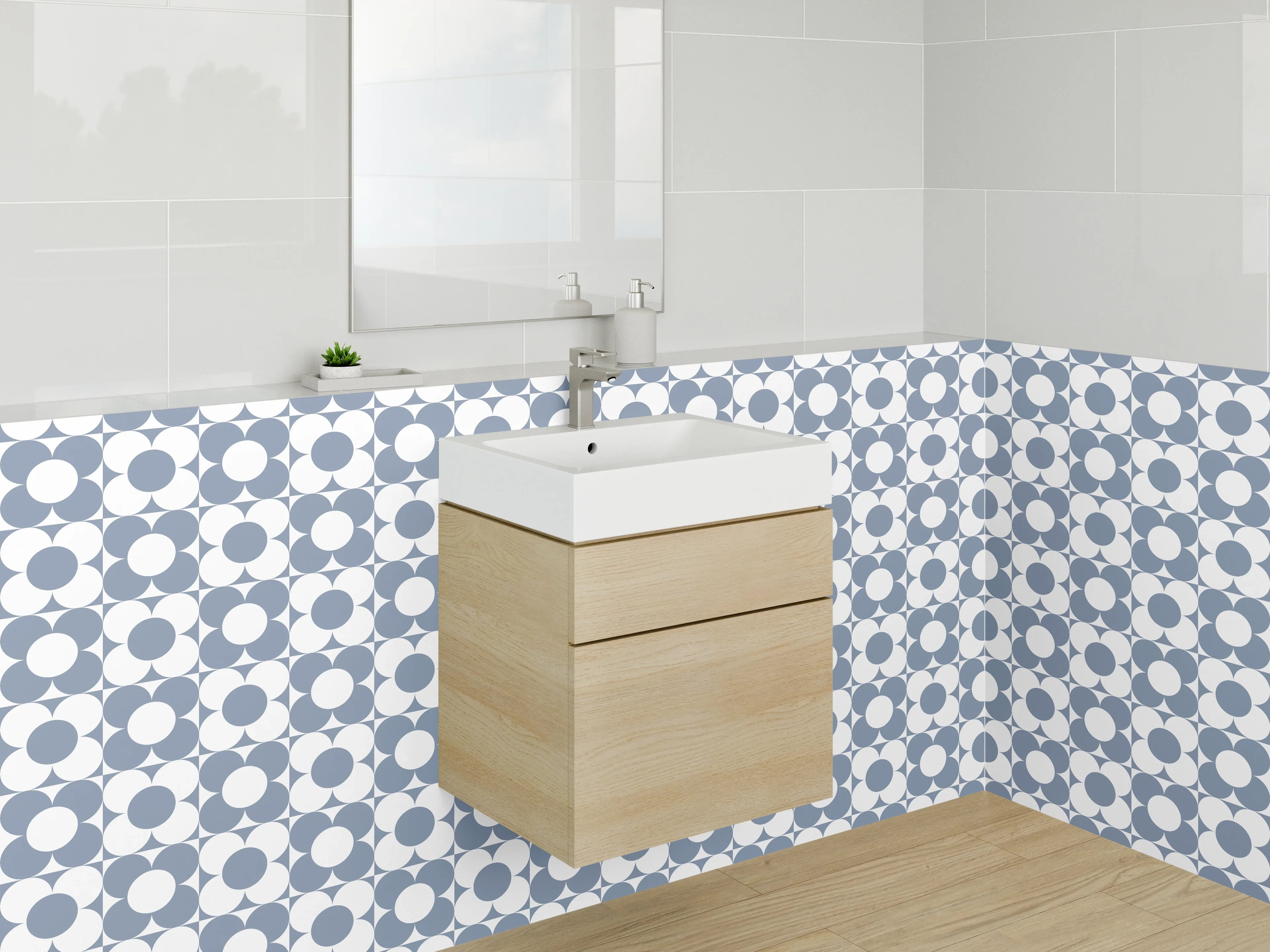 Waschbecken-Rückwand - Geometrisches Kreismuster in Grau-Weiß