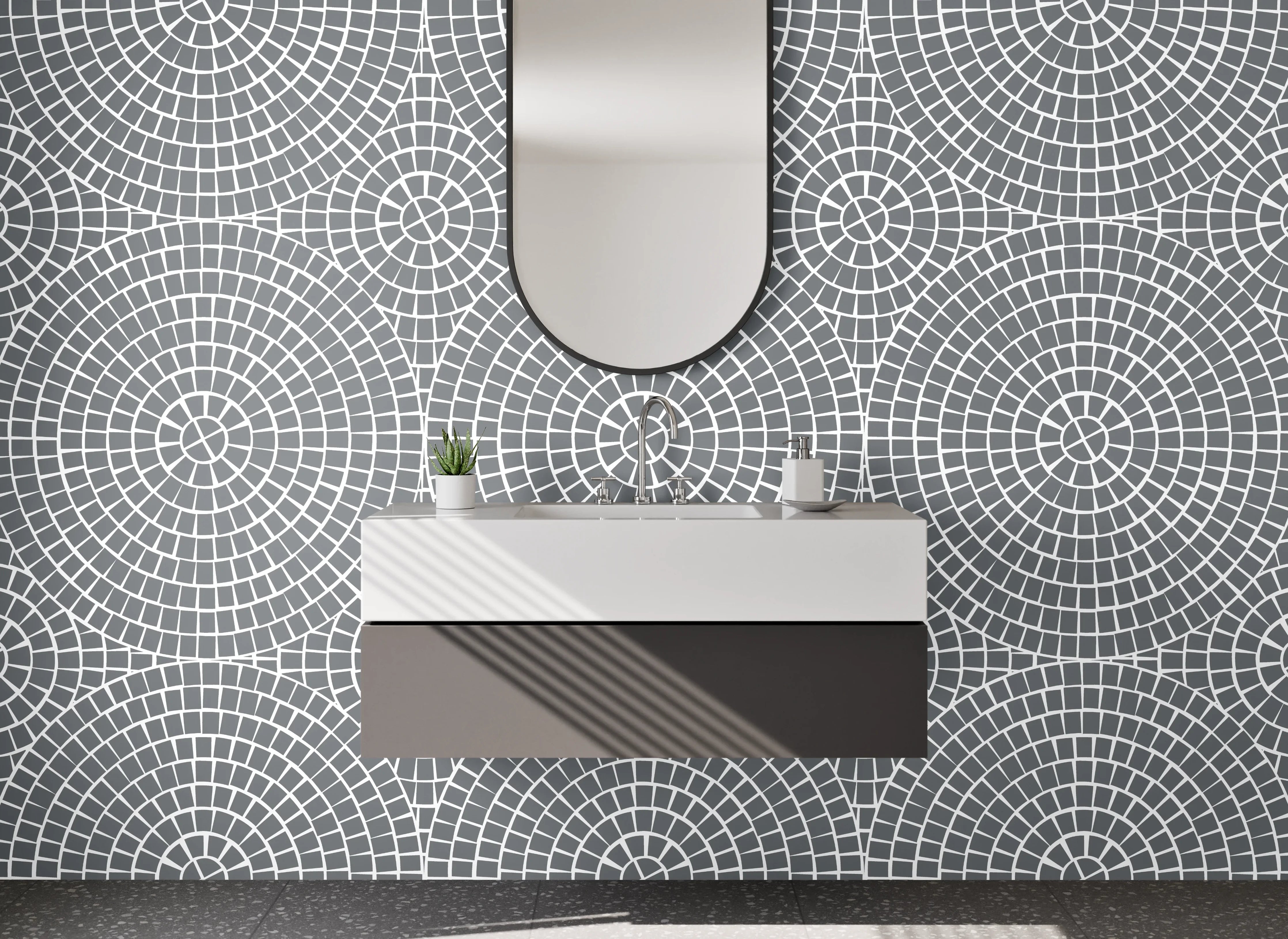 Waschbecken-Rückwand - Geometrisches Kreismuster in Grau und Weiß