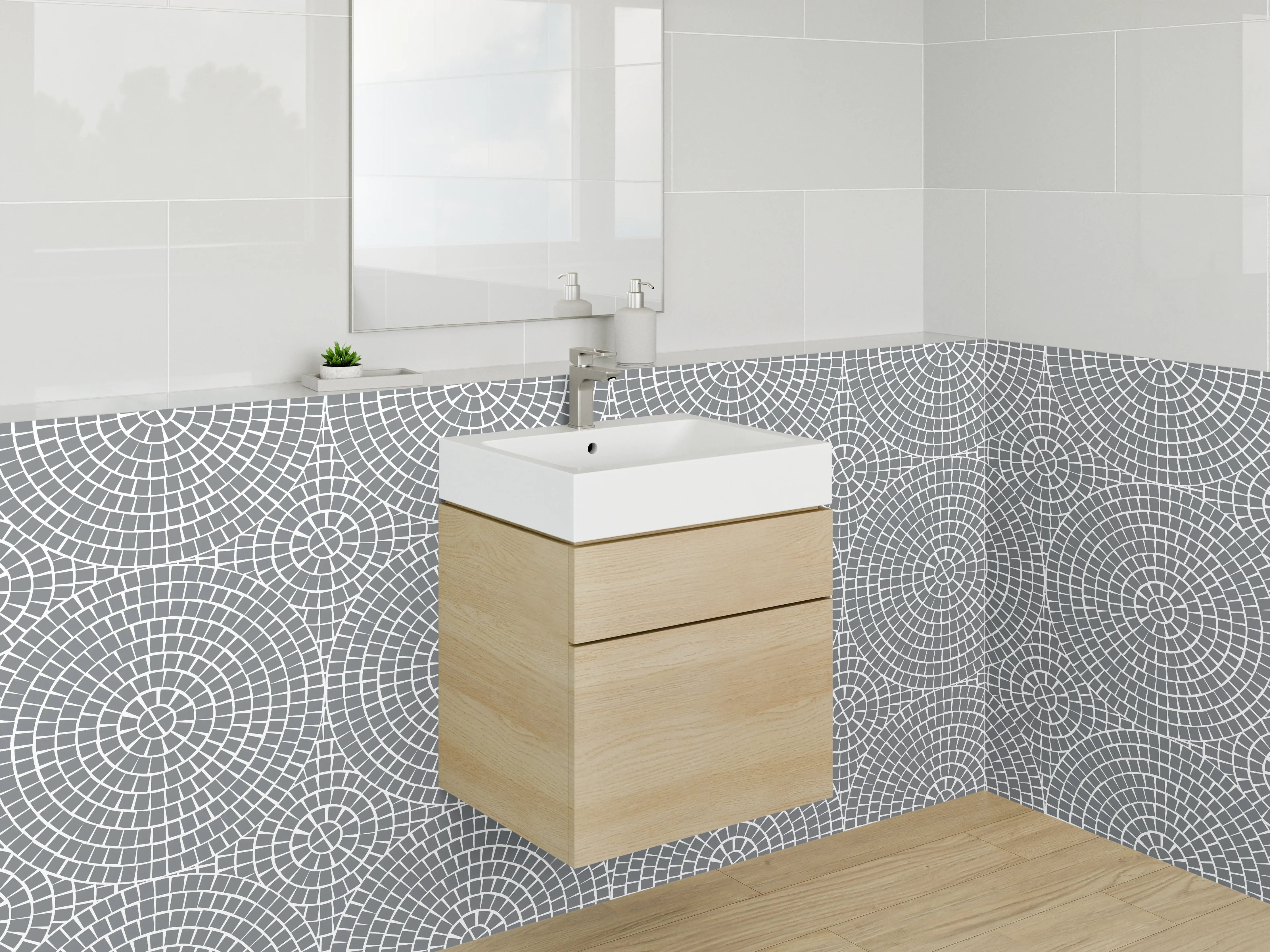 Waschbecken-Rückwand - Geometrisches Kreismuster in Grau und Weiß