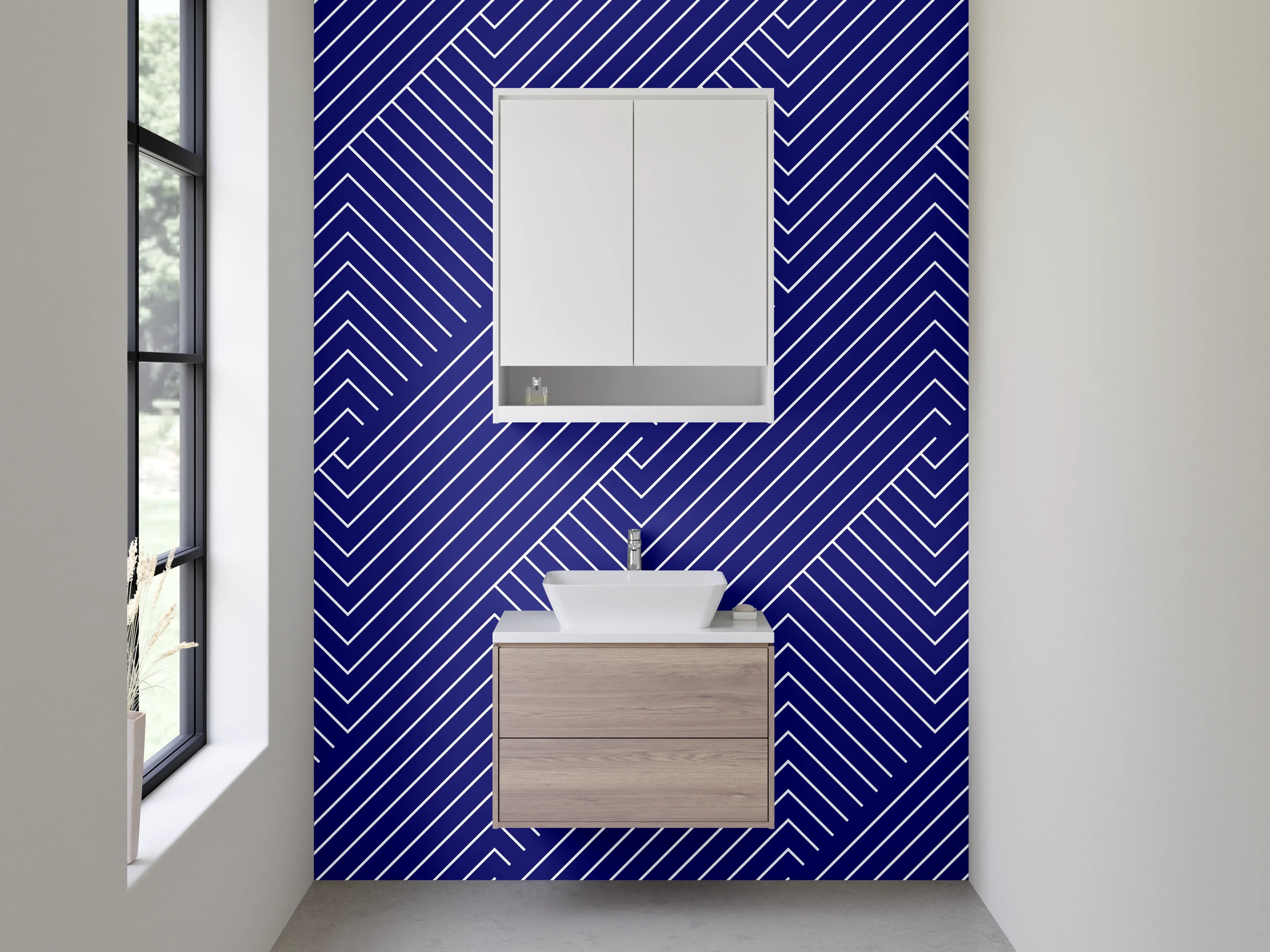 Waschbecken-Rückwand - Geometrisches Linienmuster Blau Weiß