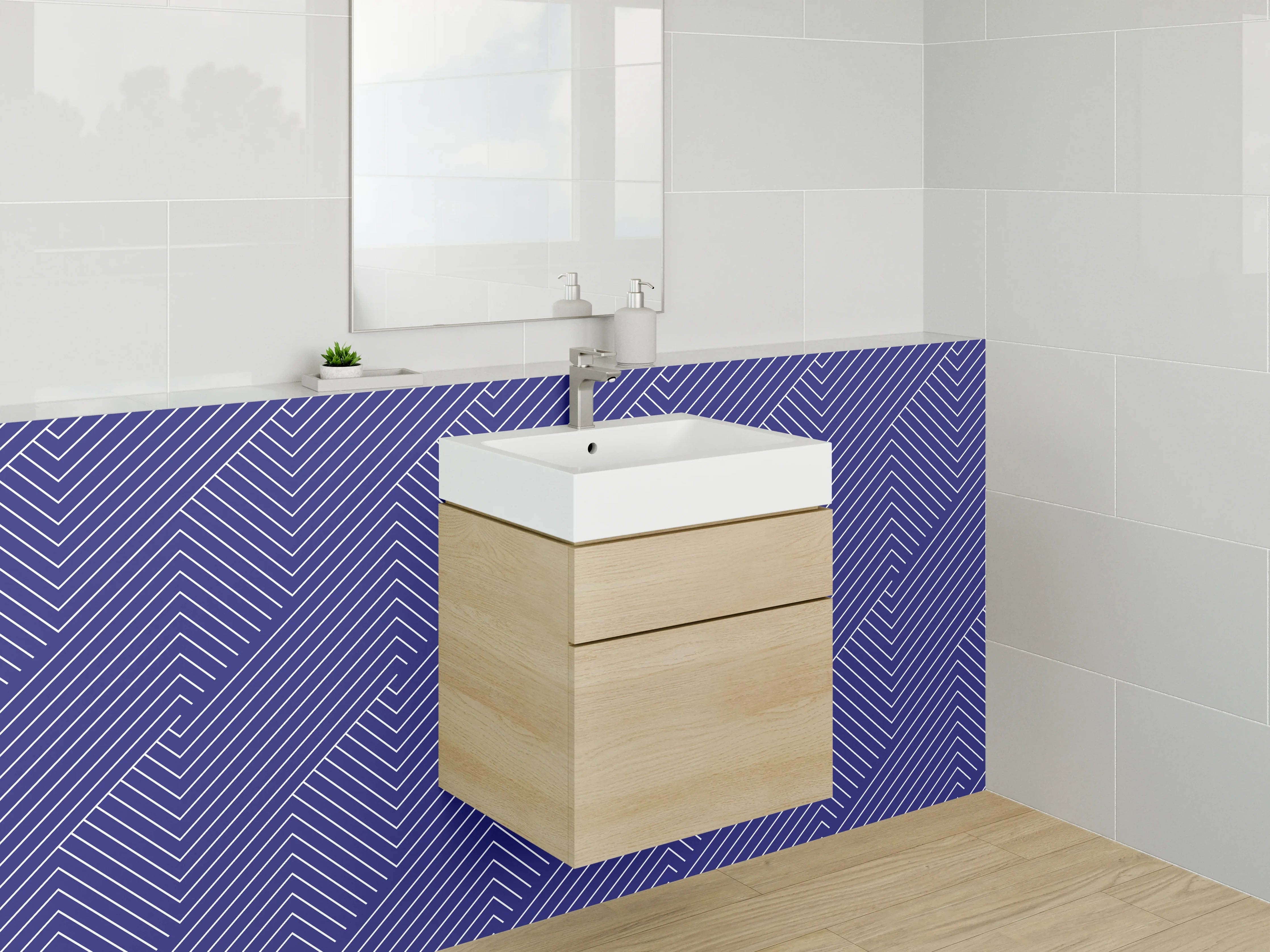 Waschbecken-Rückwand - Geometrisches Linienmuster Blau Weiß