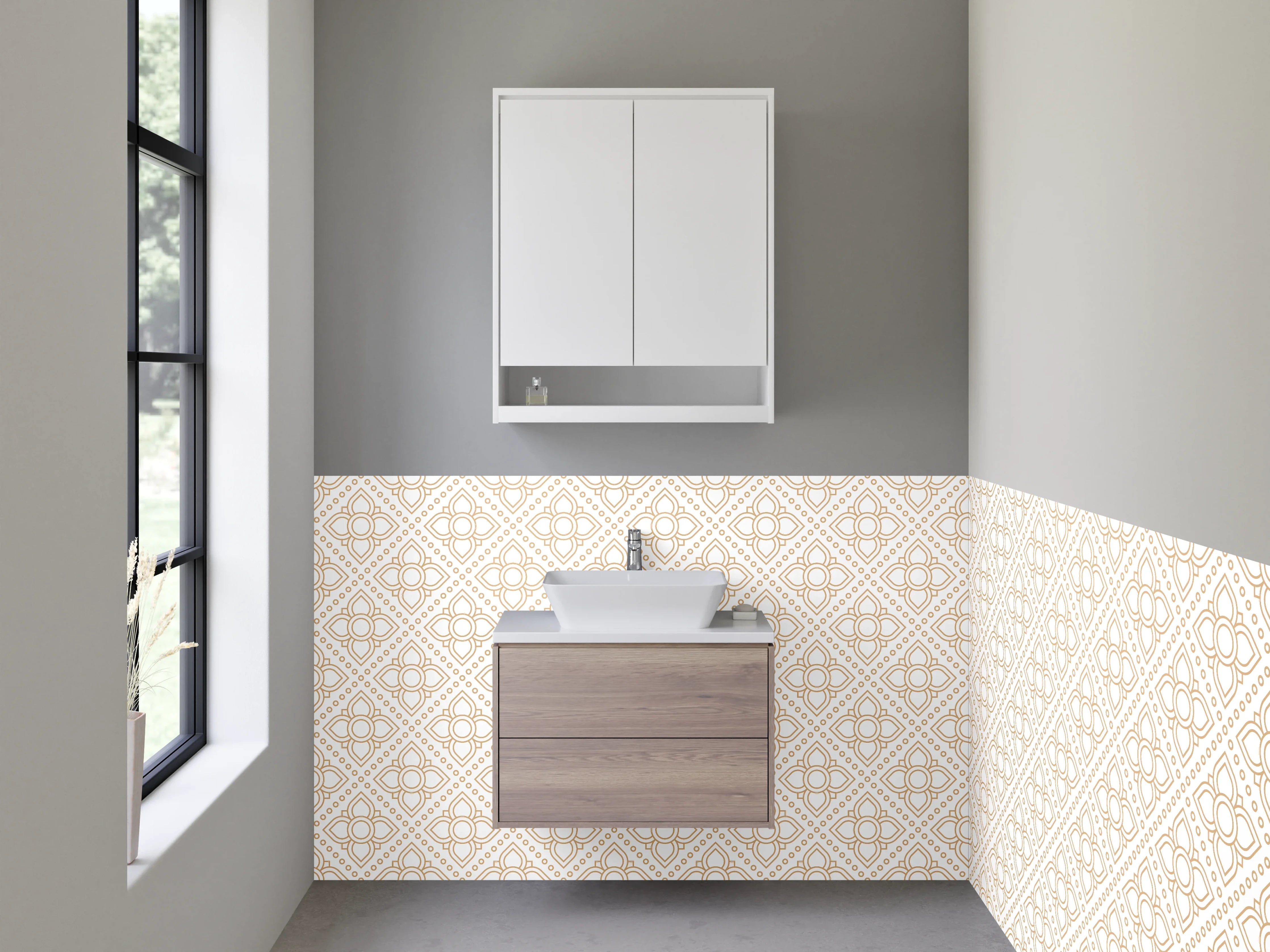 Waschbecken-Rückwand - Geometrisches Linienmuster in Beige-Gold