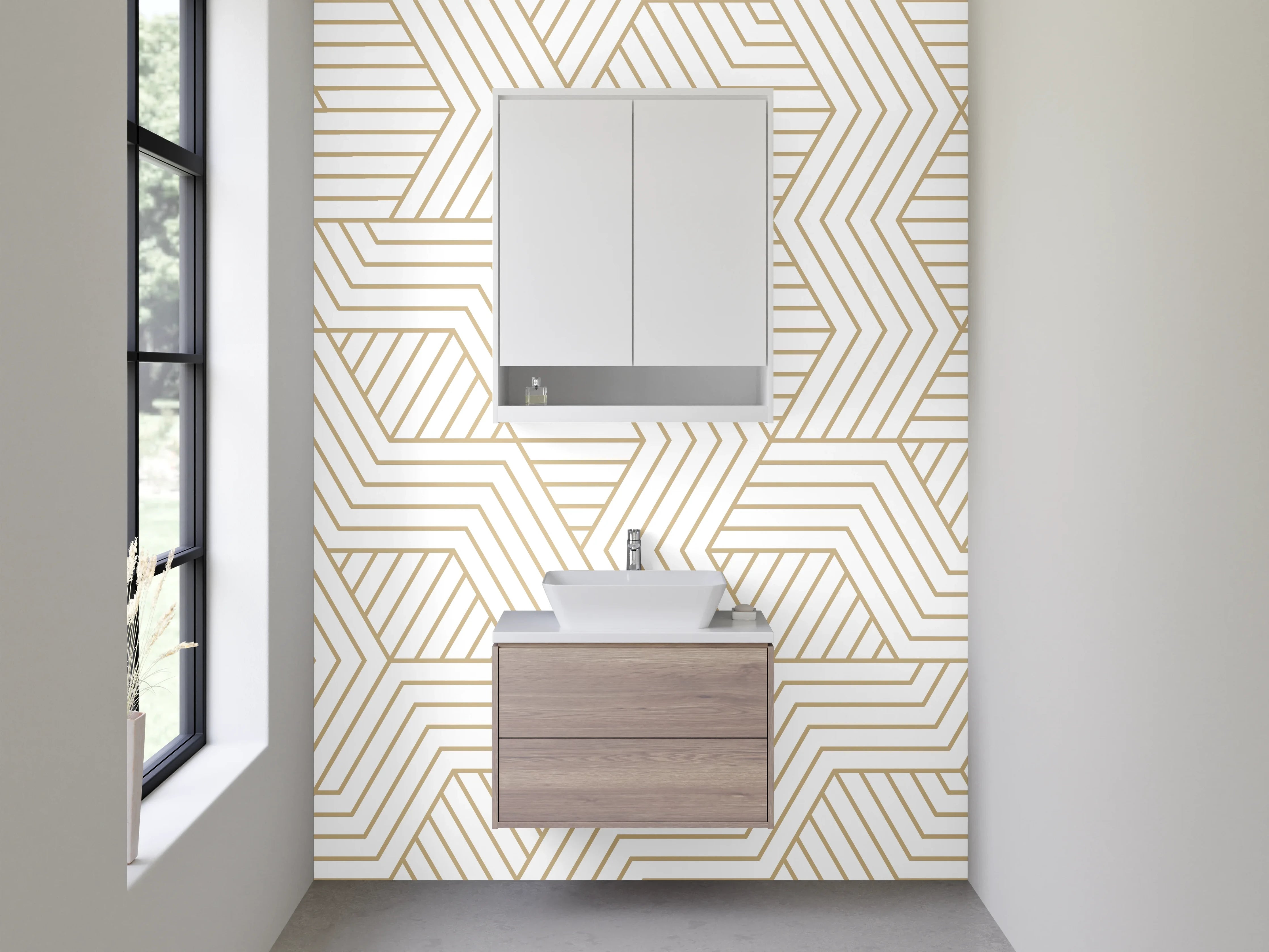 Waschbecken-Rückwand - Geometrisches Linienmuster in Beige und Weiß