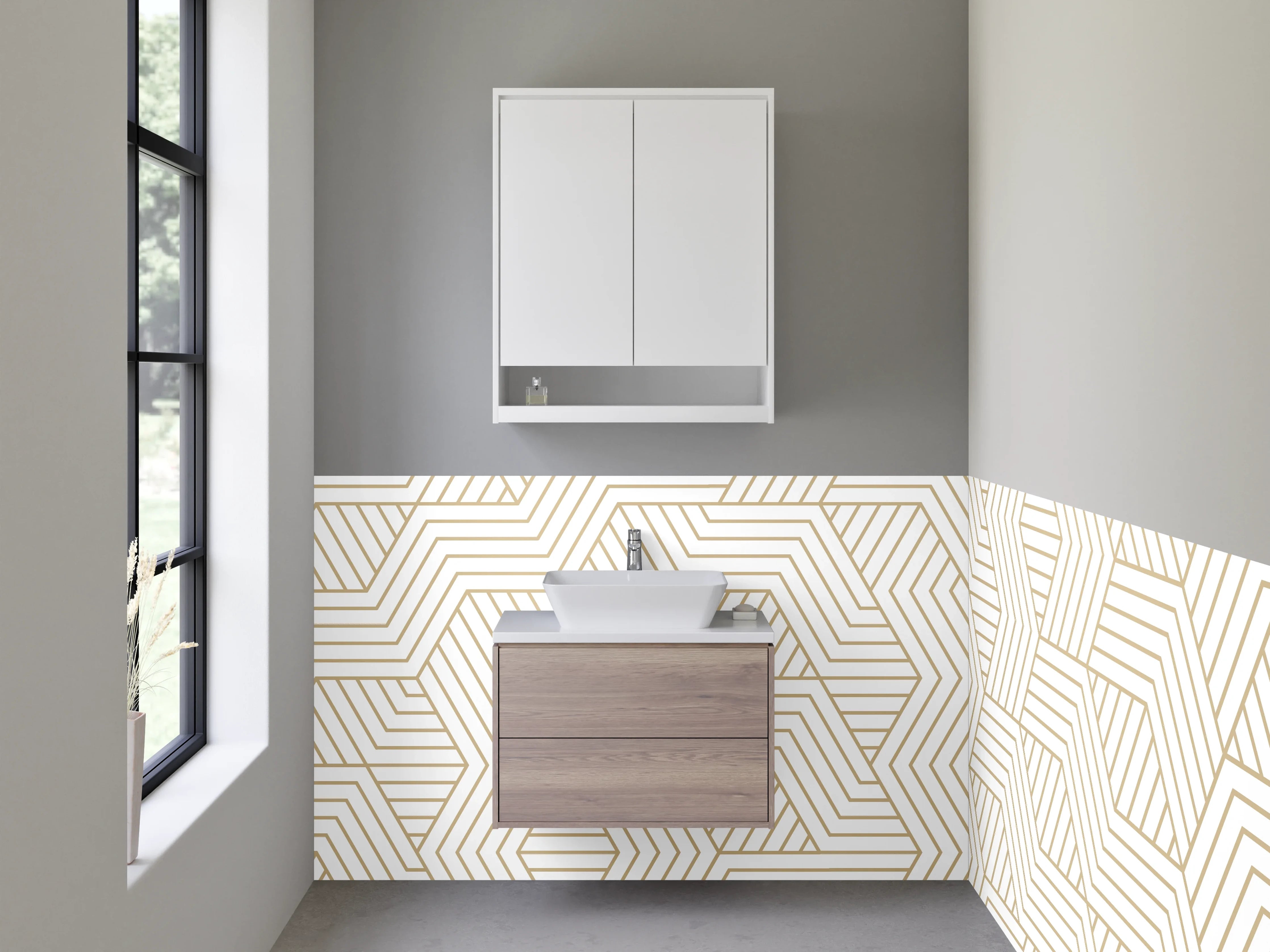 Waschbecken-Rückwand - Geometrisches Linienmuster in Beige und Weiß