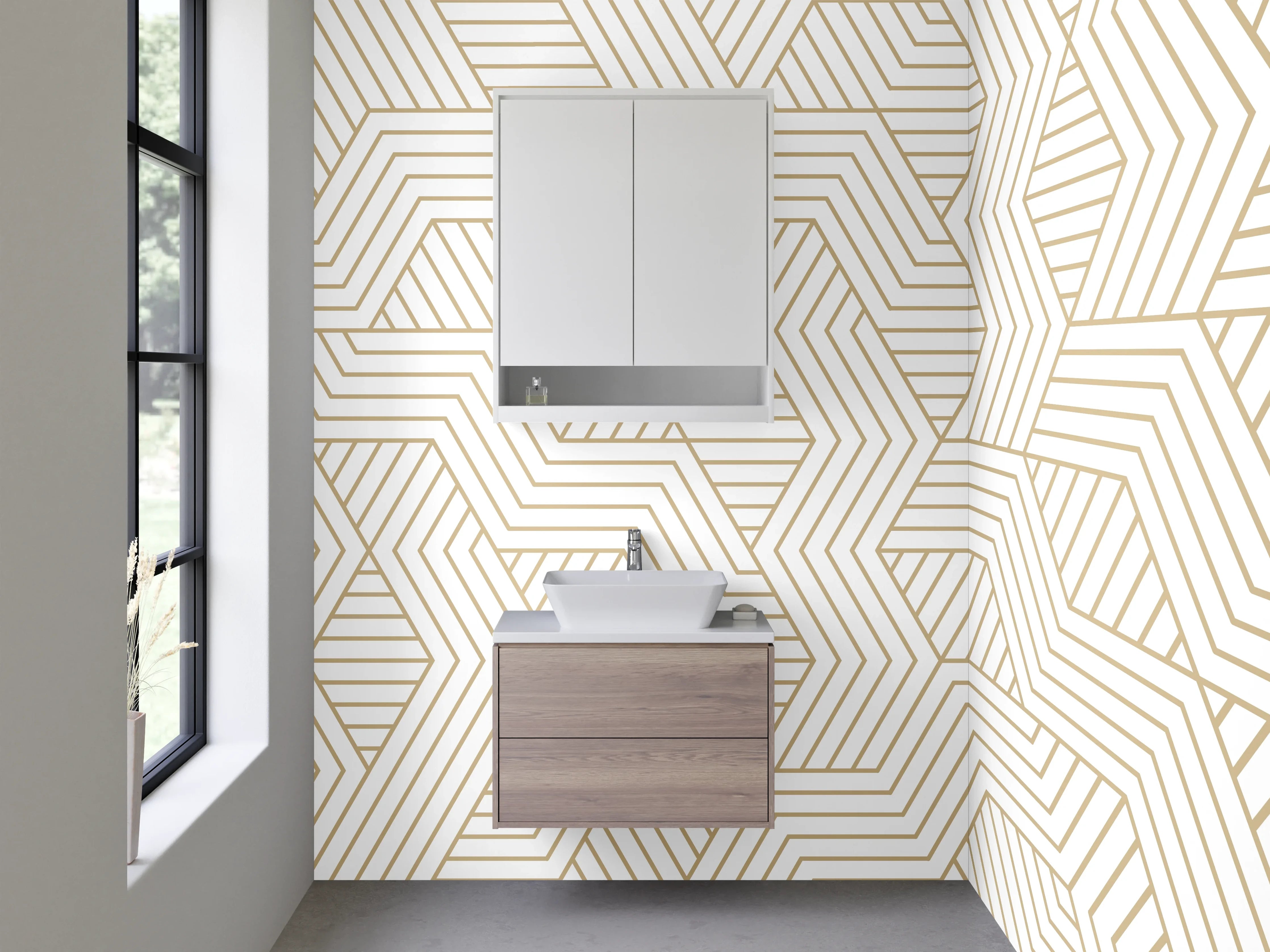 Waschbecken-Rückwand - Geometrisches Linienmuster in Beige und Weiß