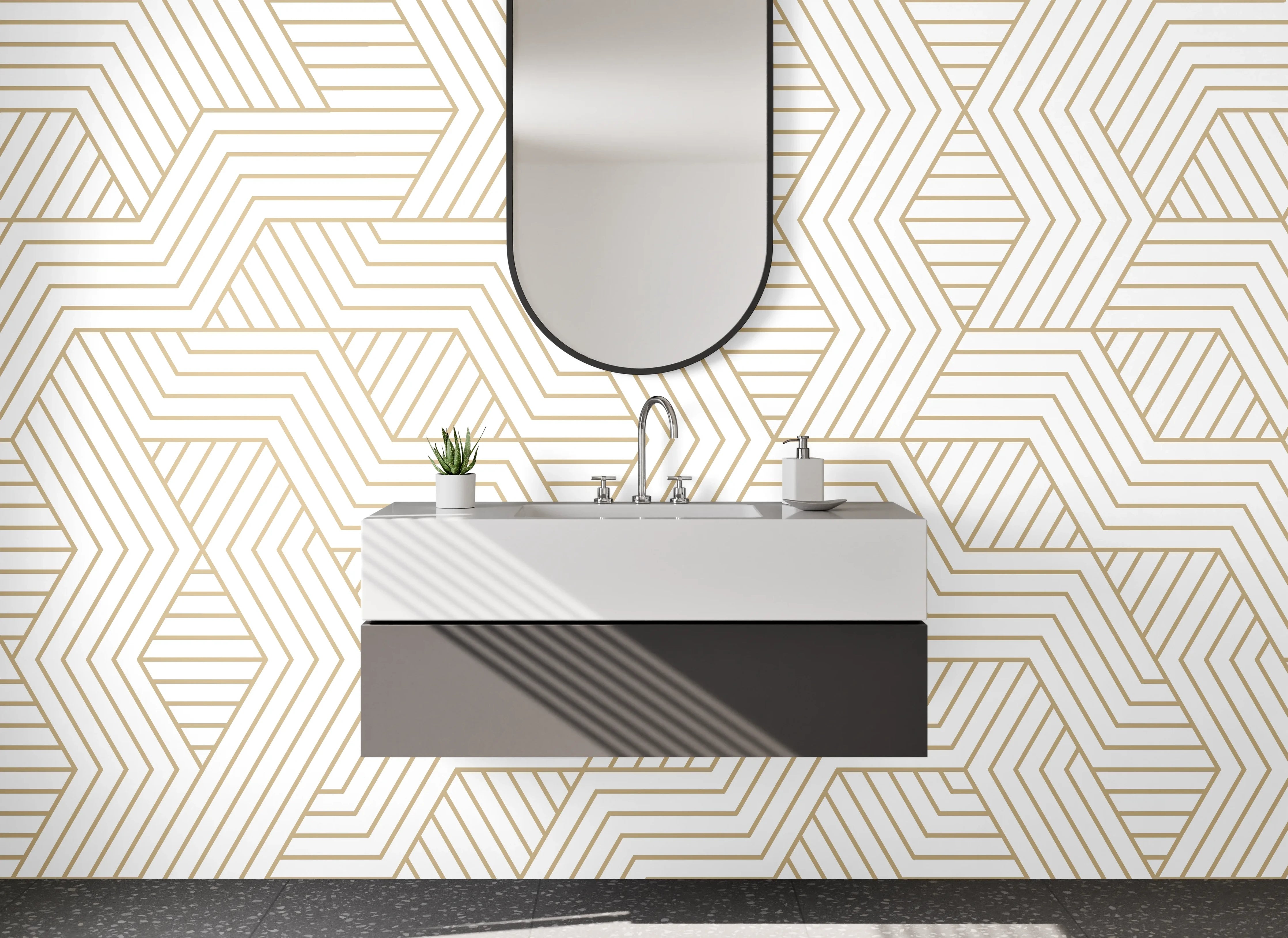 Waschbecken-Rückwand - Geometrisches Linienmuster in Beige und Weiß