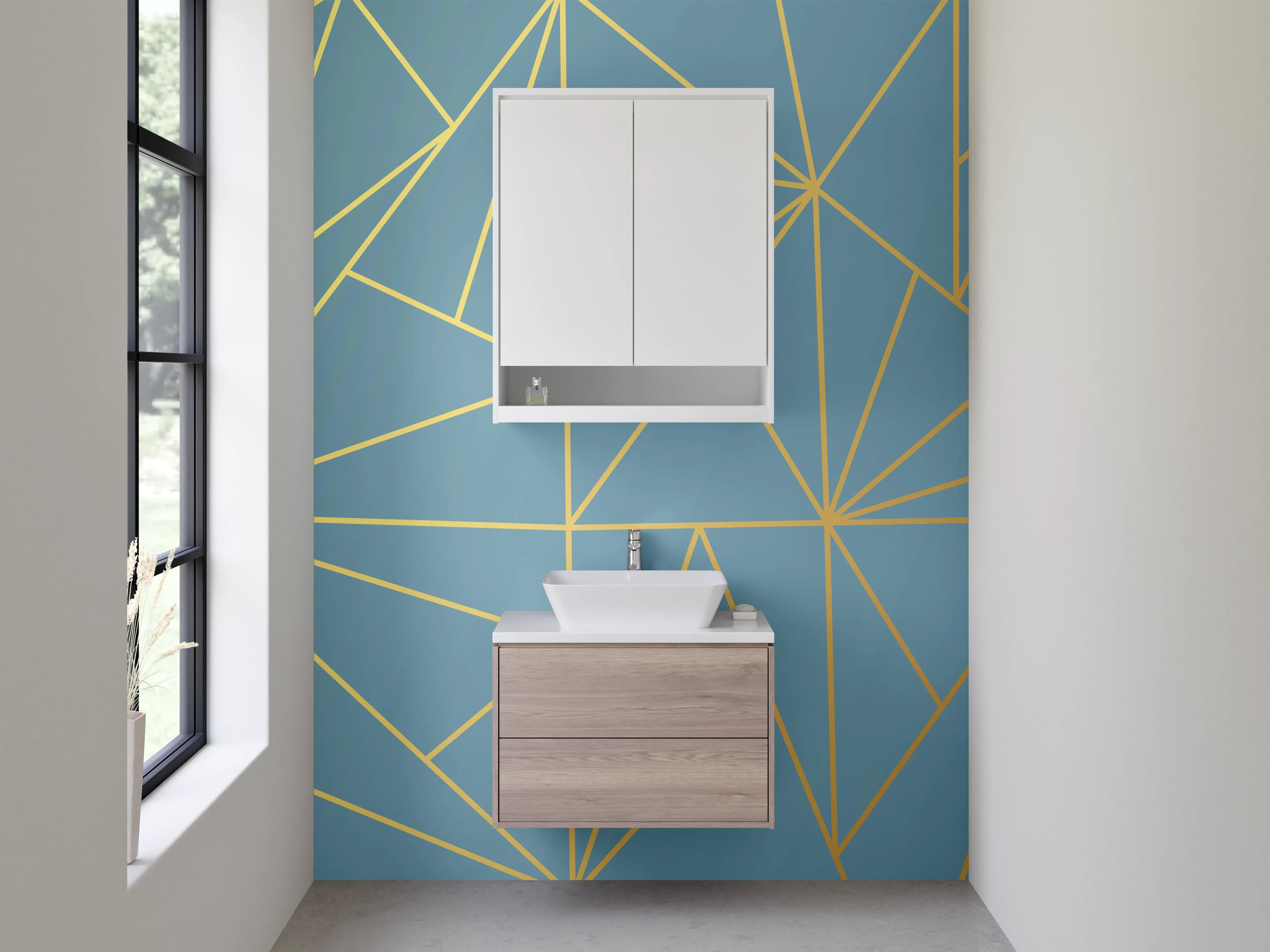 Waschbecken-Rückwand - Geometrisches Linienmuster in Blau-Gold