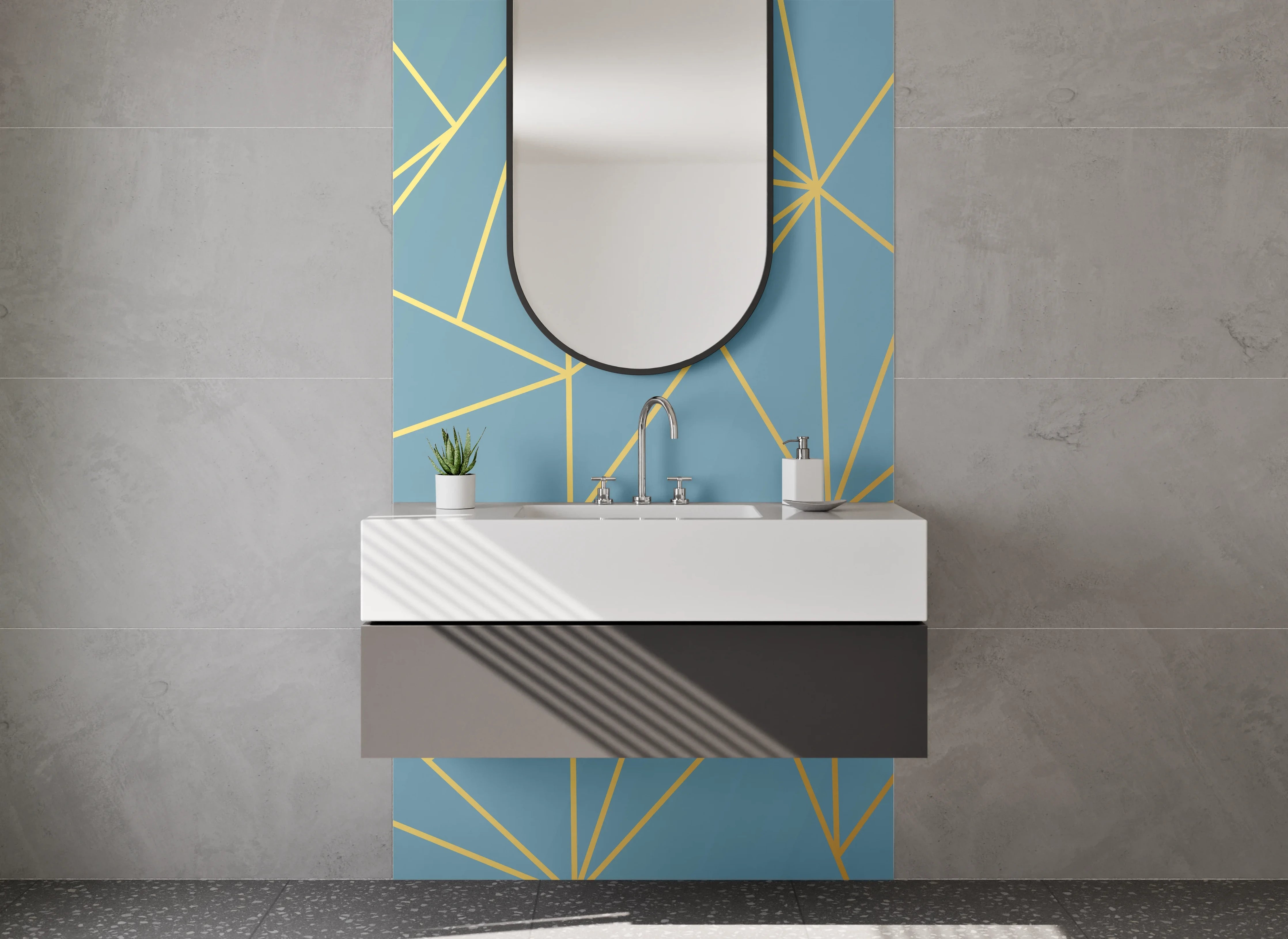 Waschbecken-Rückwand - Geometrisches Linienmuster in Blau-Gold