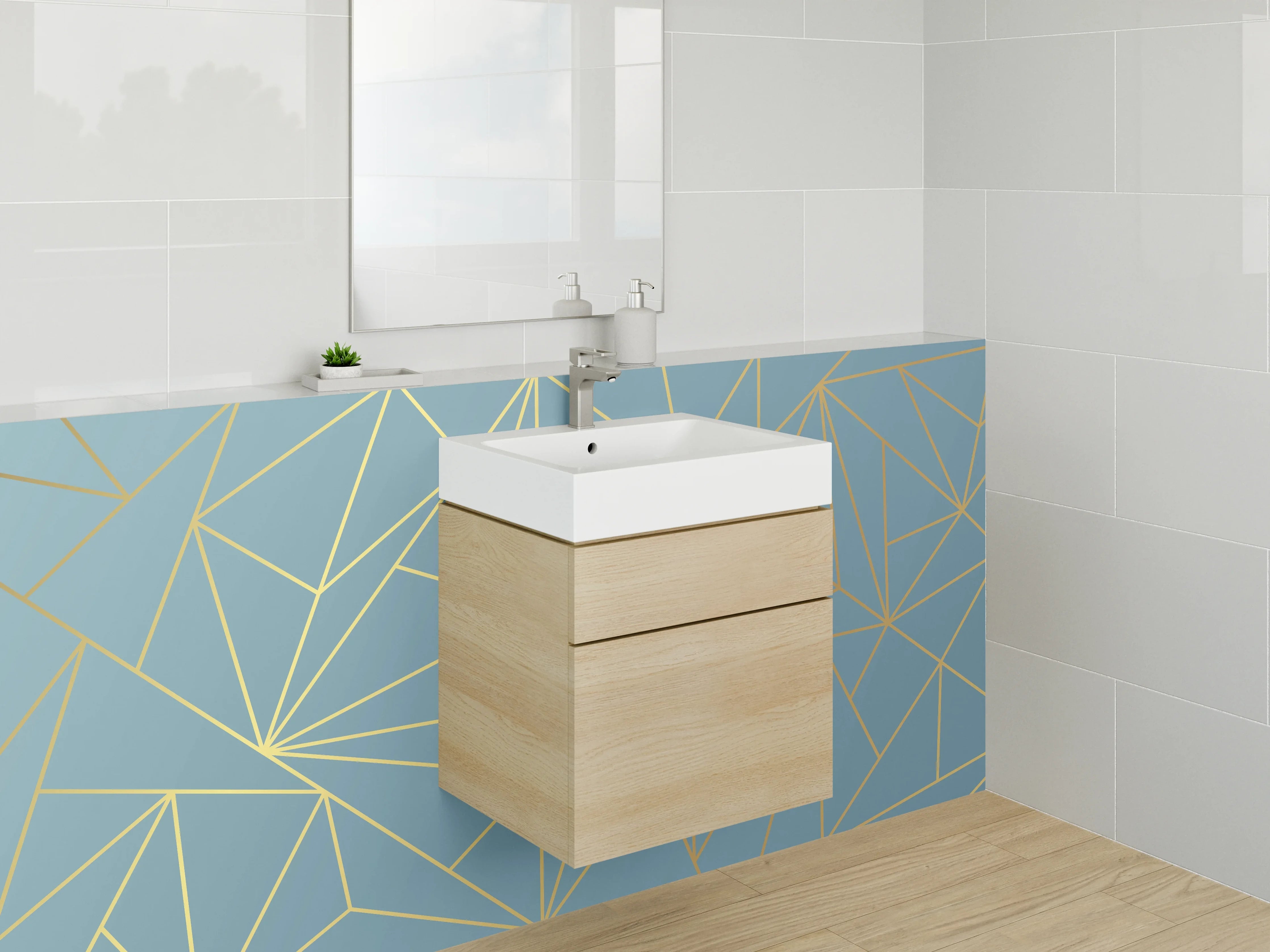 Waschbecken-Rückwand - Geometrisches Linienmuster in Blau-Gold