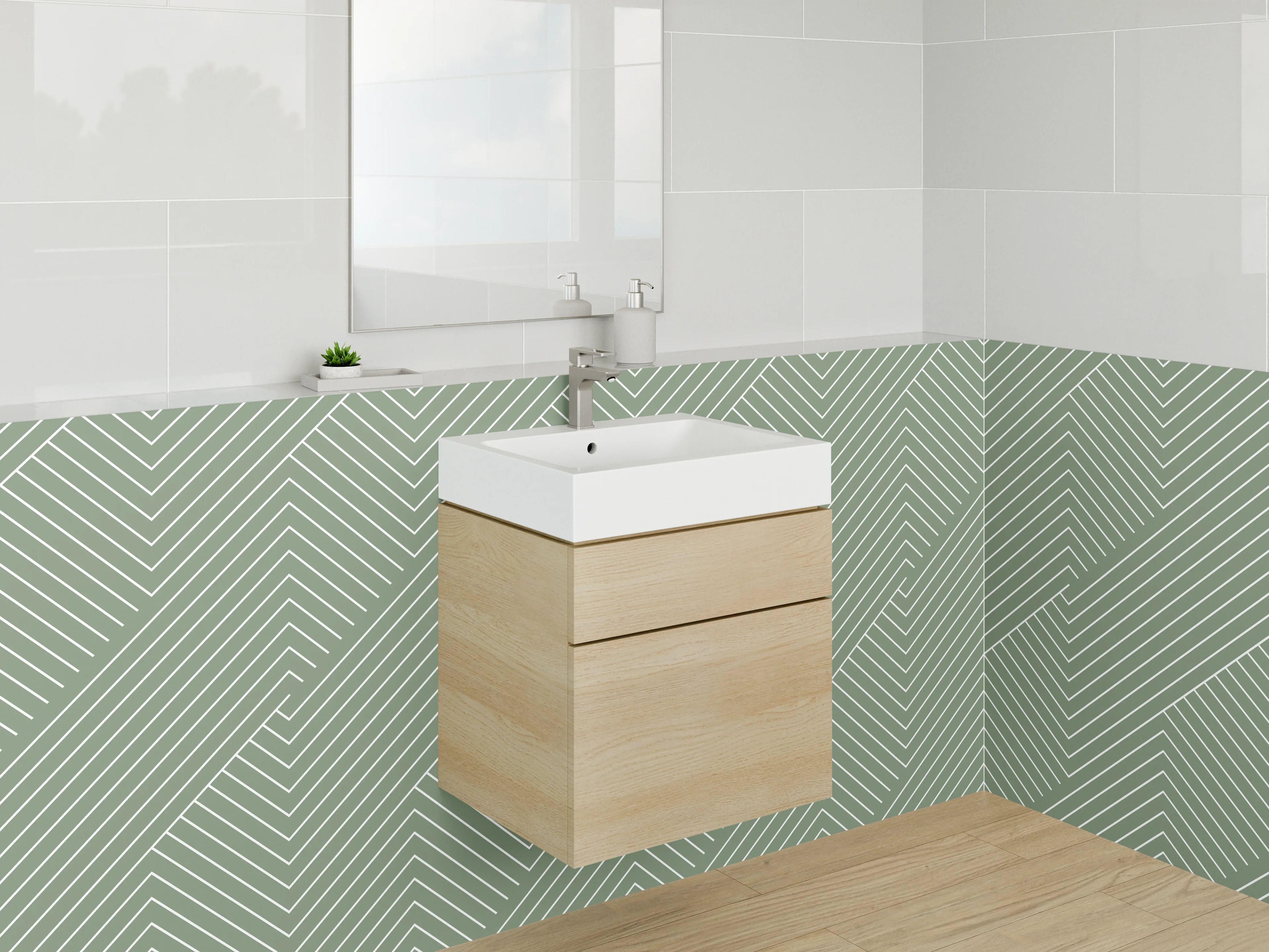 Waschbecken-Rückwand - Geometrisches Linienmuster in Salbei Grün