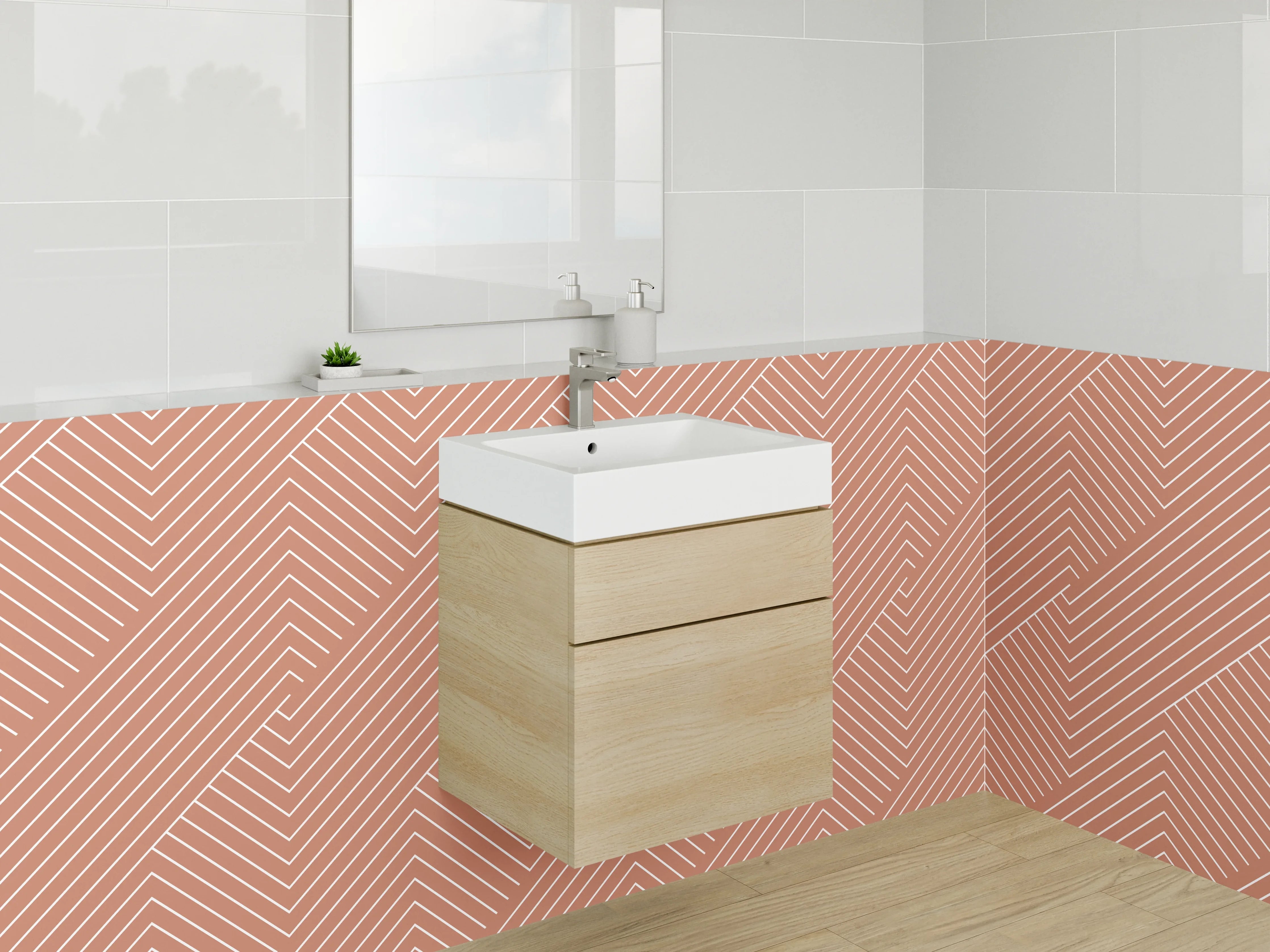 Waschbecken-Rückwand - Geometrisches Linienmuster in Terrakotta