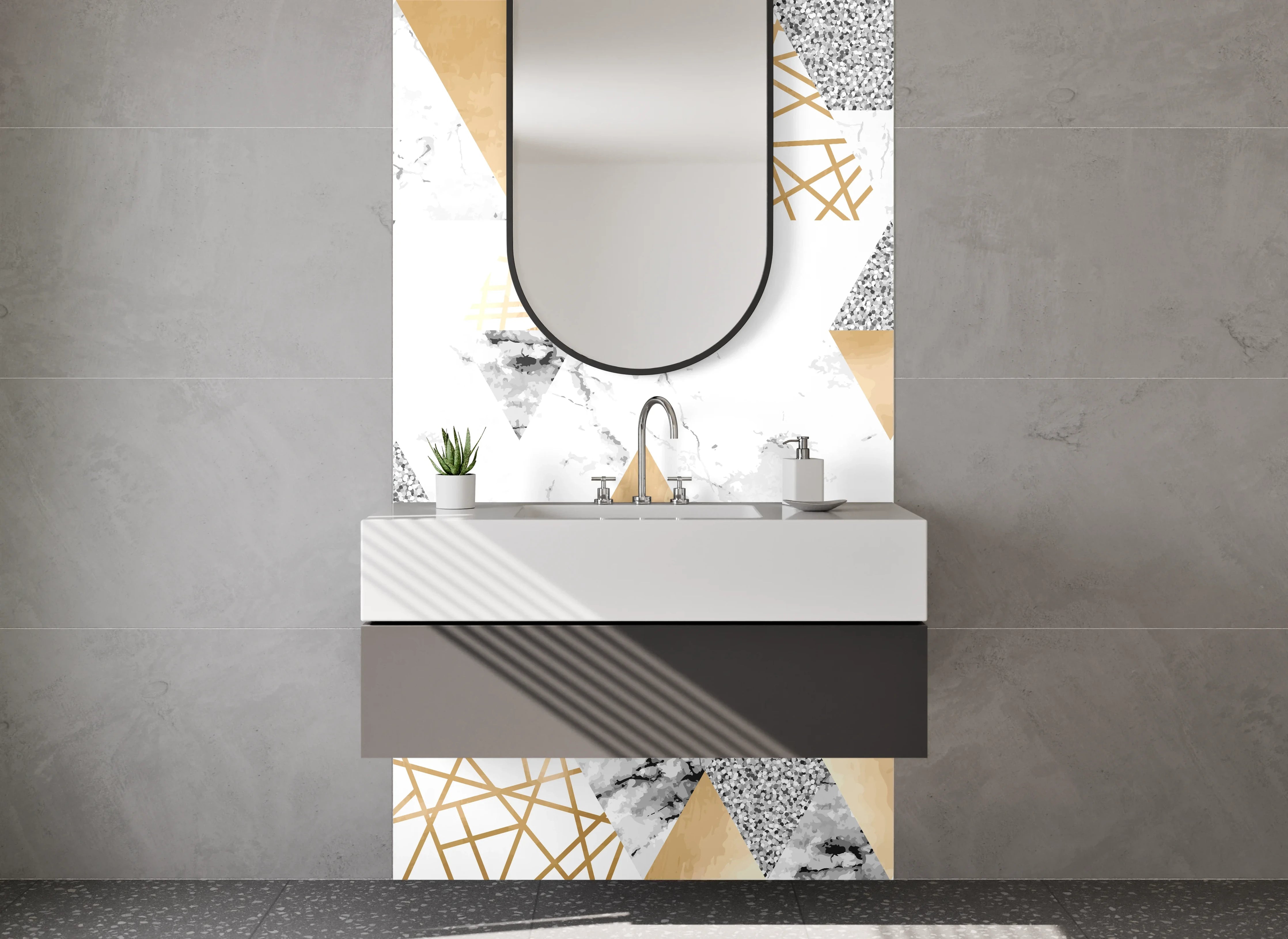 Waschbecken-Rückwand - Geometrisches Marmor-Gold Muster modern