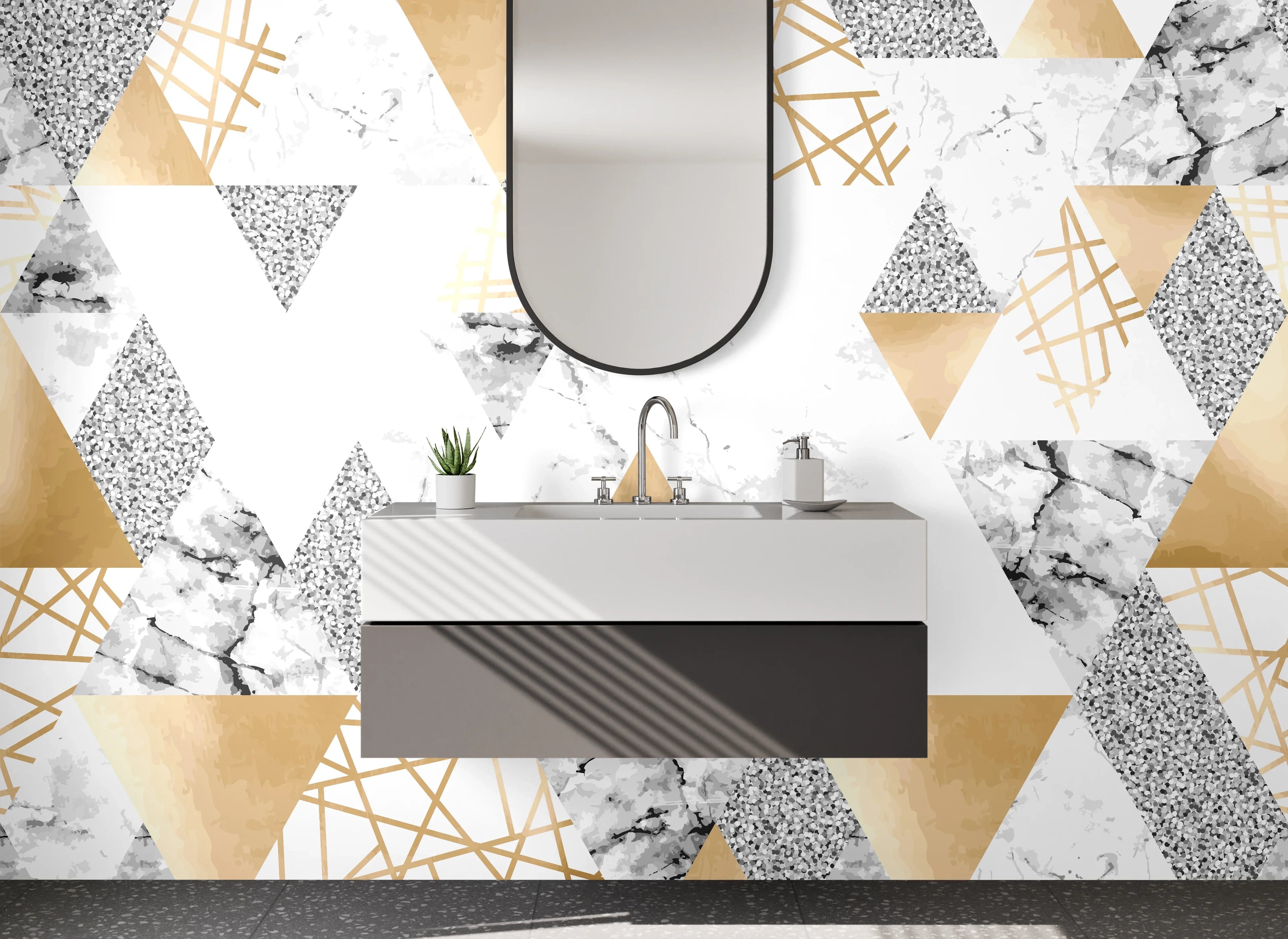 Waschbecken-Rückwand - Geometrisches Marmor-Gold Muster modern