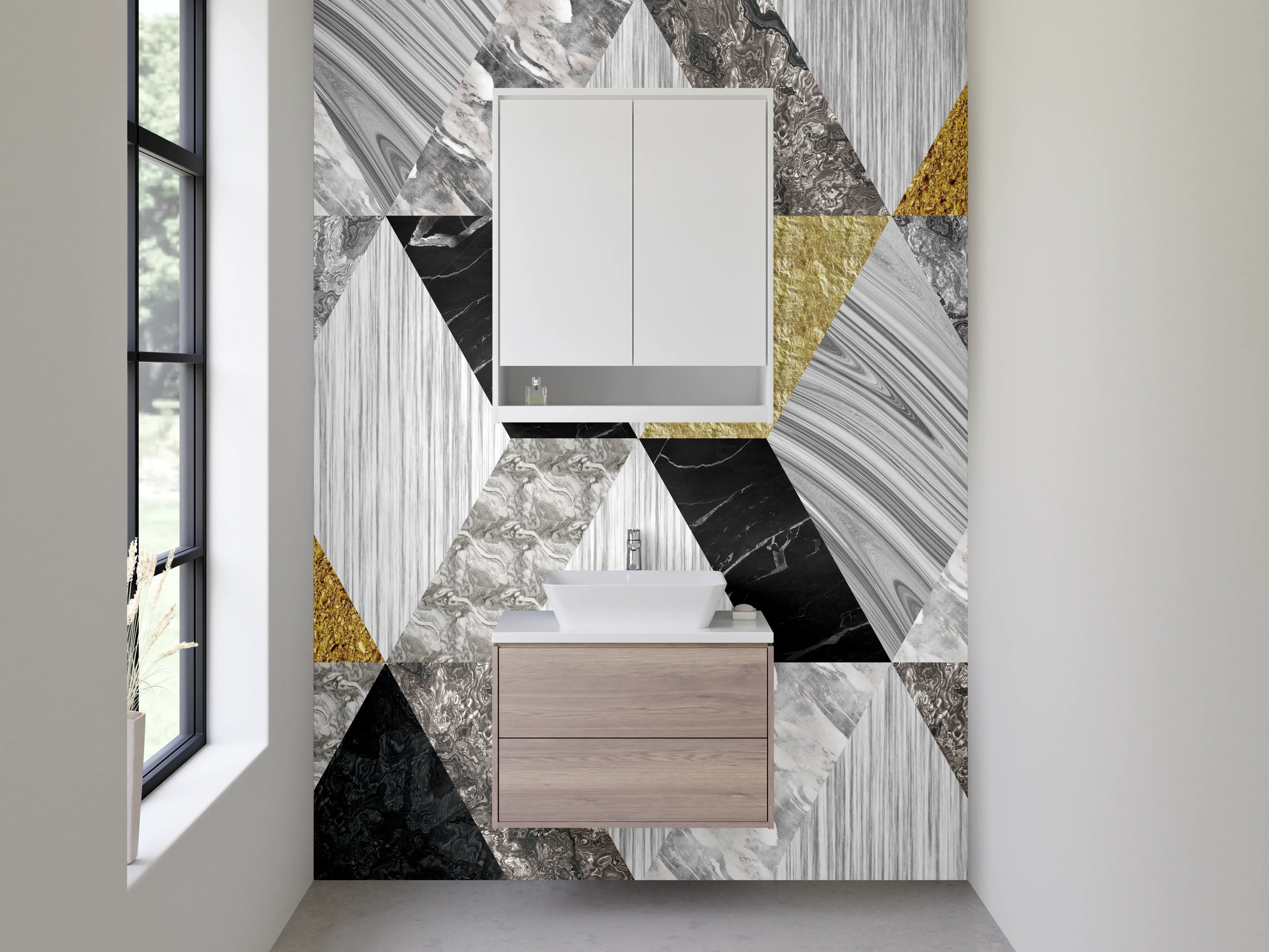 Waschbecken-Rückwand - Geometrisches Marmor-Mosaik in Gold-Optik